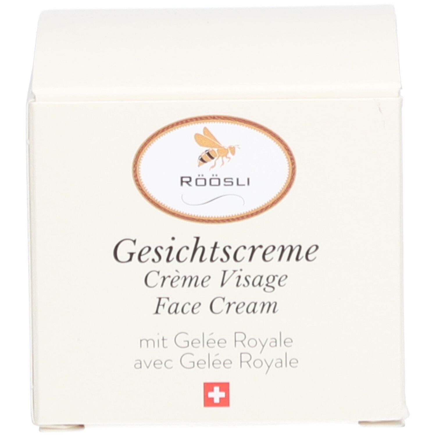 Witte doos met tekst: Röösli, Crème visage, Crème Visage, Face Cream, met Gelée Royale.
