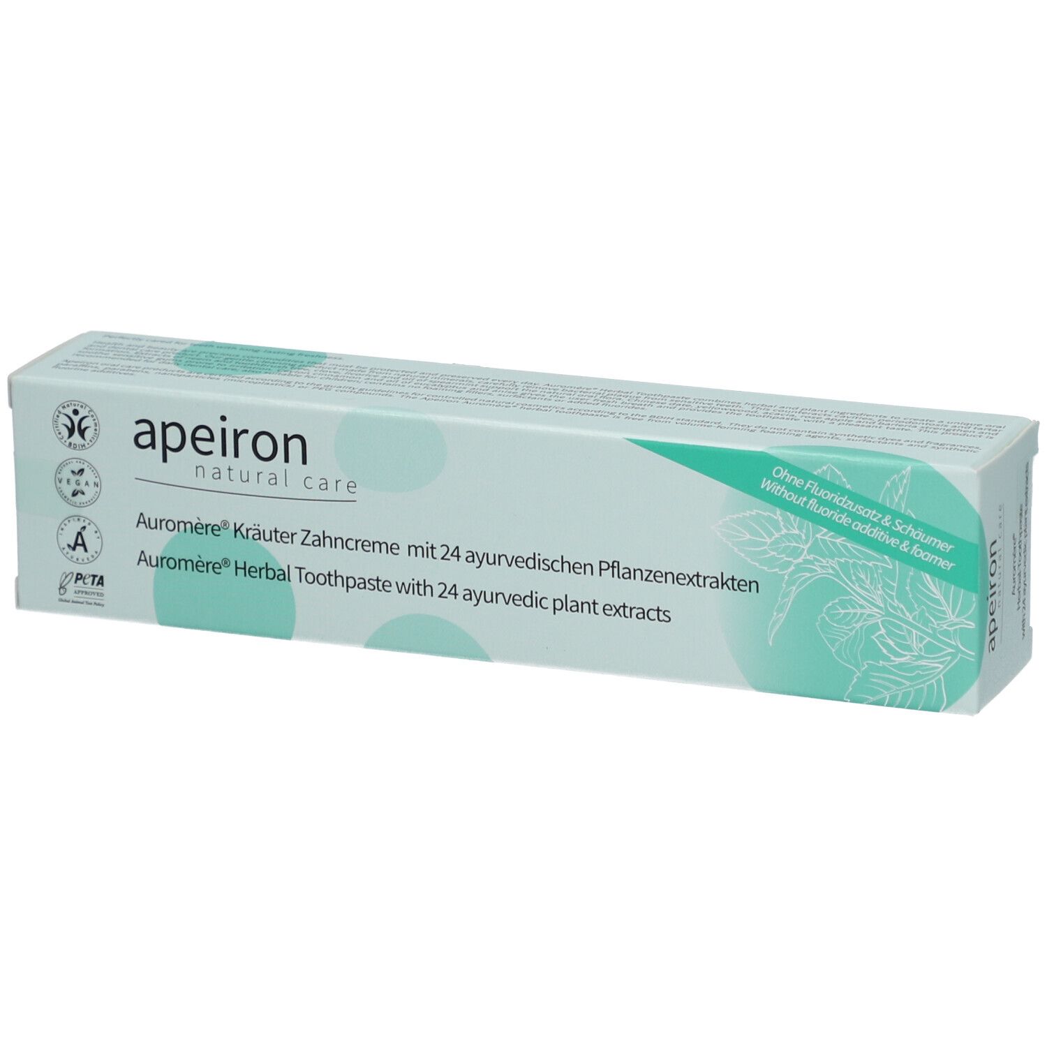 Boîte de dentifrice Apeiron aux herbes avec herbes et texte. Sans fluorure, sans moussant.