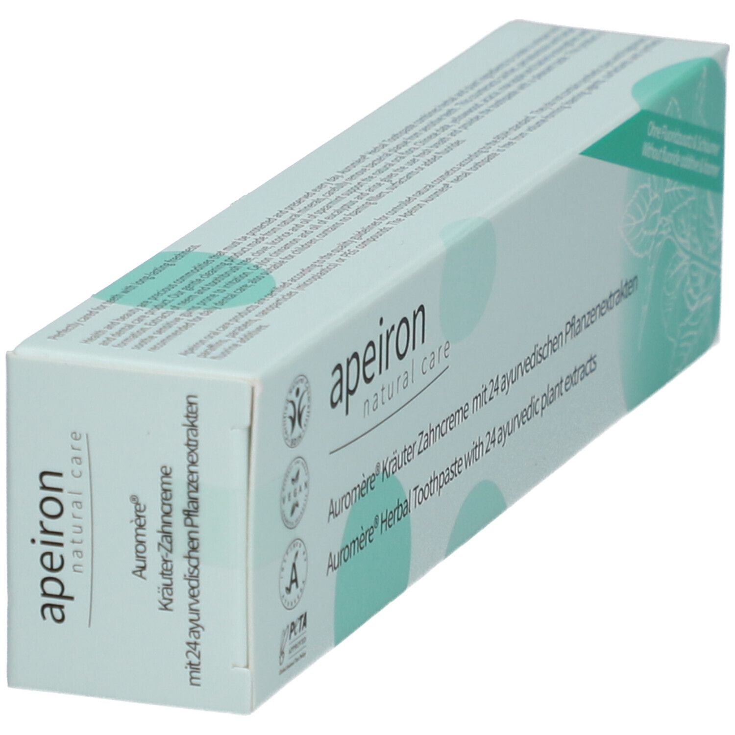 Boîte de dentifrice Apeiron Auromère aux herbes avec 24 extraits de plantes ayurvédiques.