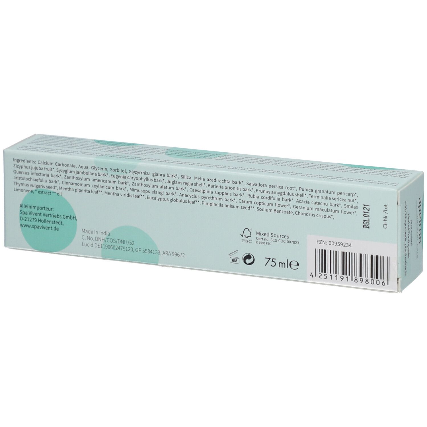 Emballage avec liste des ingrédients et indication de 75 ml.