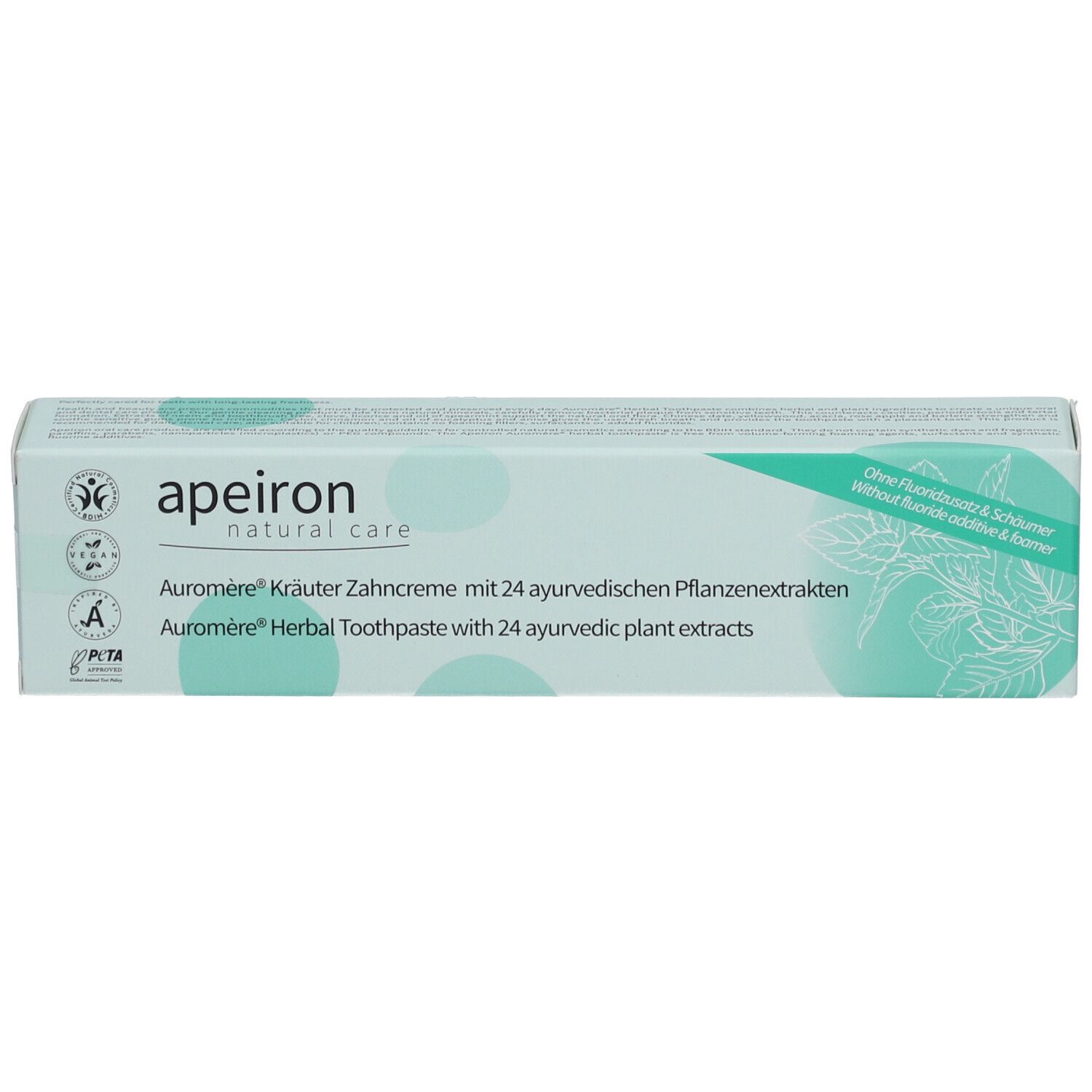 Dentifrice Apeiron Auromère aux herbes avec 24 extraits de plantes ayurvédiques, sans fluorure.