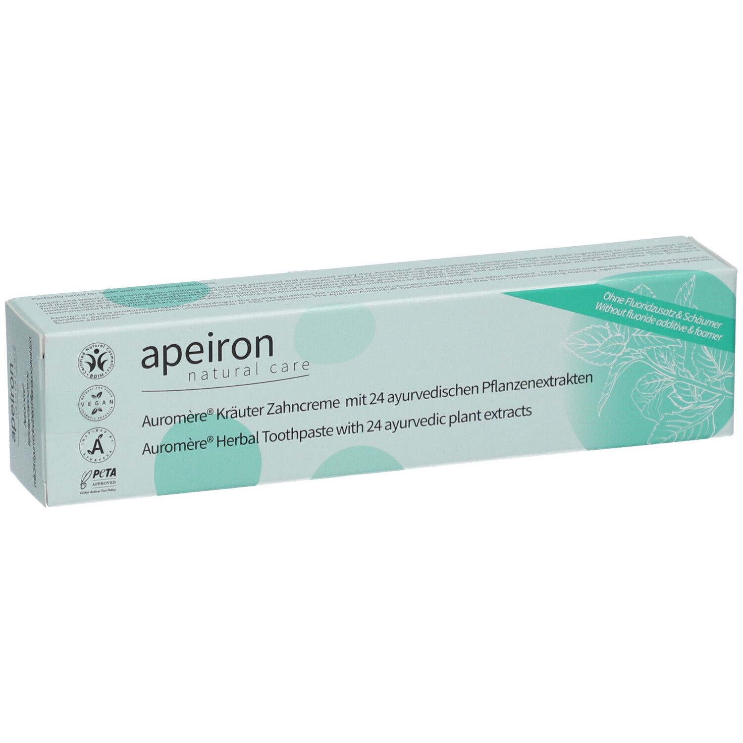 Apeiron Auromère Dentifrice aux herbes avec 24 extraits de plantes ayurvédiques sur l'emballage.