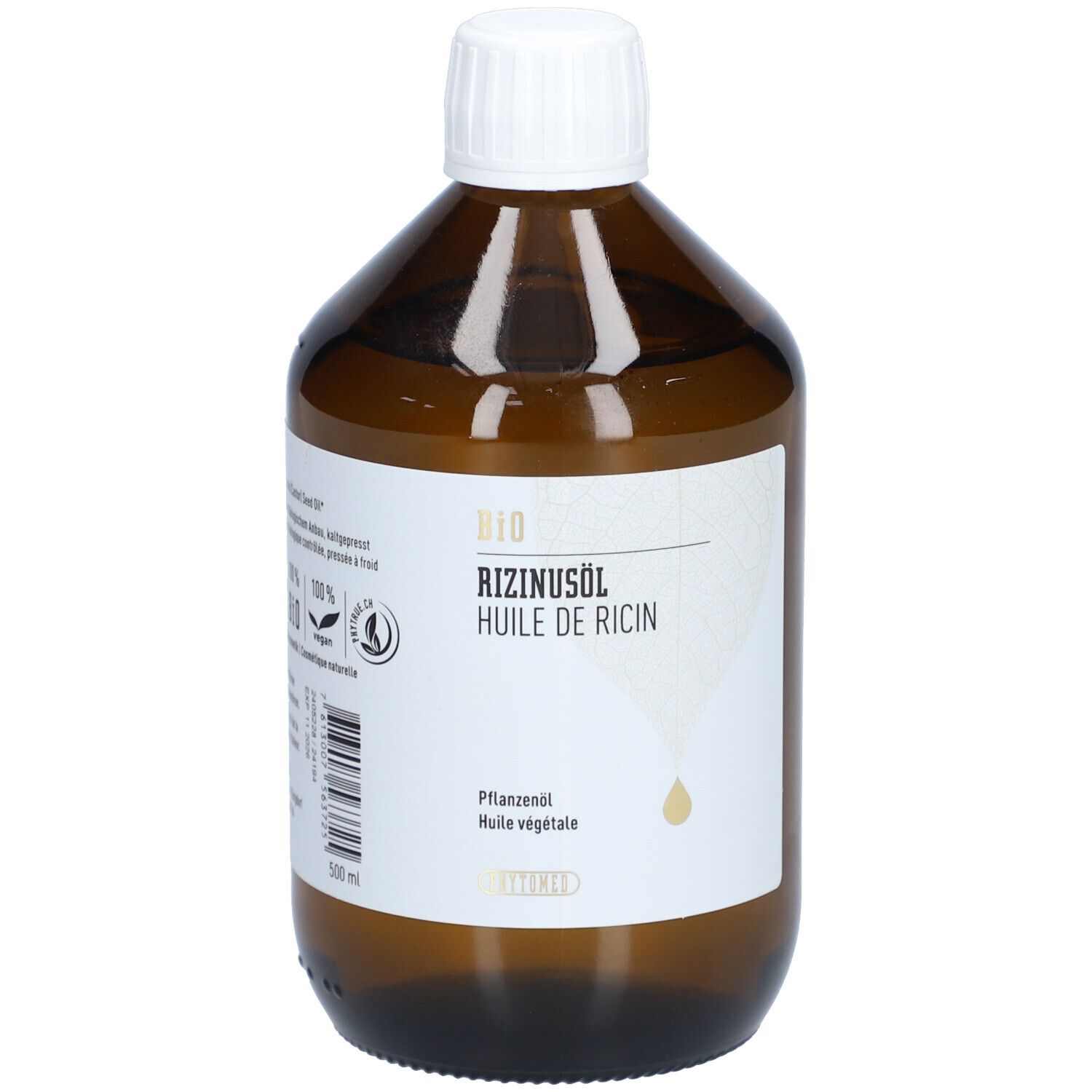 Bruine glazen fles met witte dop. Etiket met BIO Ricinusolie, Huile de Ricin. Druppelsymbool.