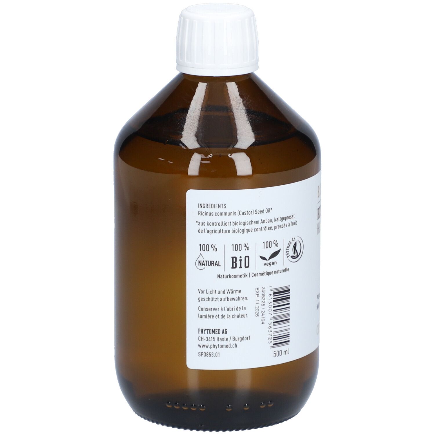 Achterkant bruine glazen fles. Etiket met ingrediënten, BIO-keurmerk, veganistisch symbool en barcode. 500 ml.