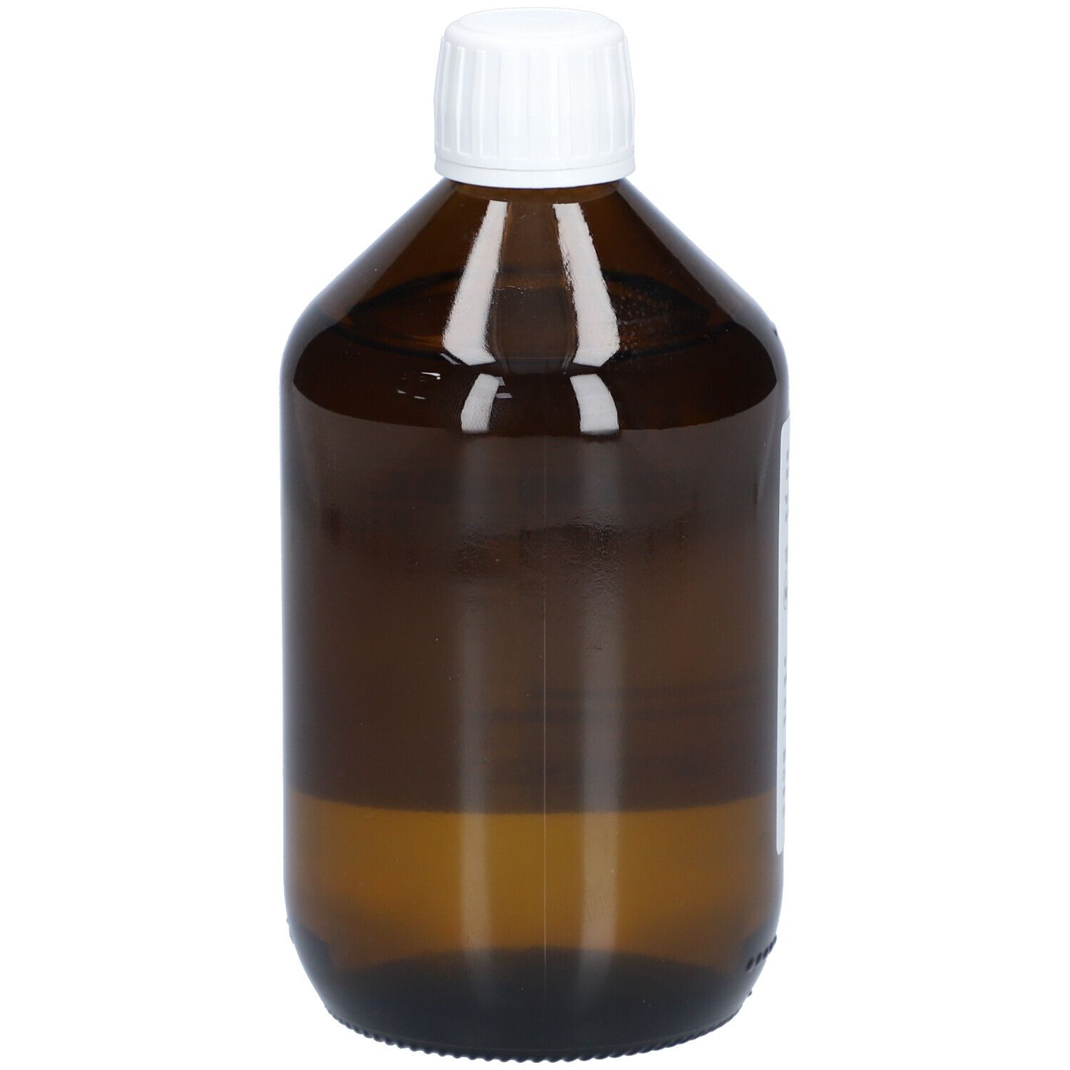 Bruine glazen fles met witte dop. Geen etiketten zichtbaar.