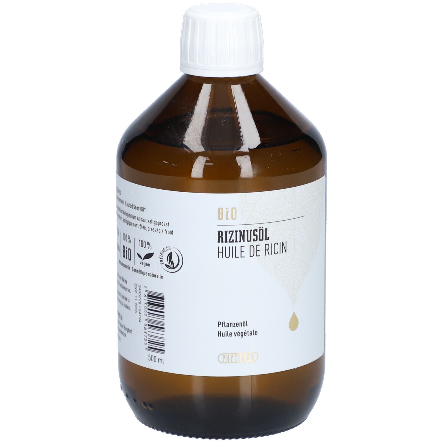 Bruine glazen fles met witte dop. Etiket met BIO Ricinusolie, Huile de Ricin. Druppelsymbool.