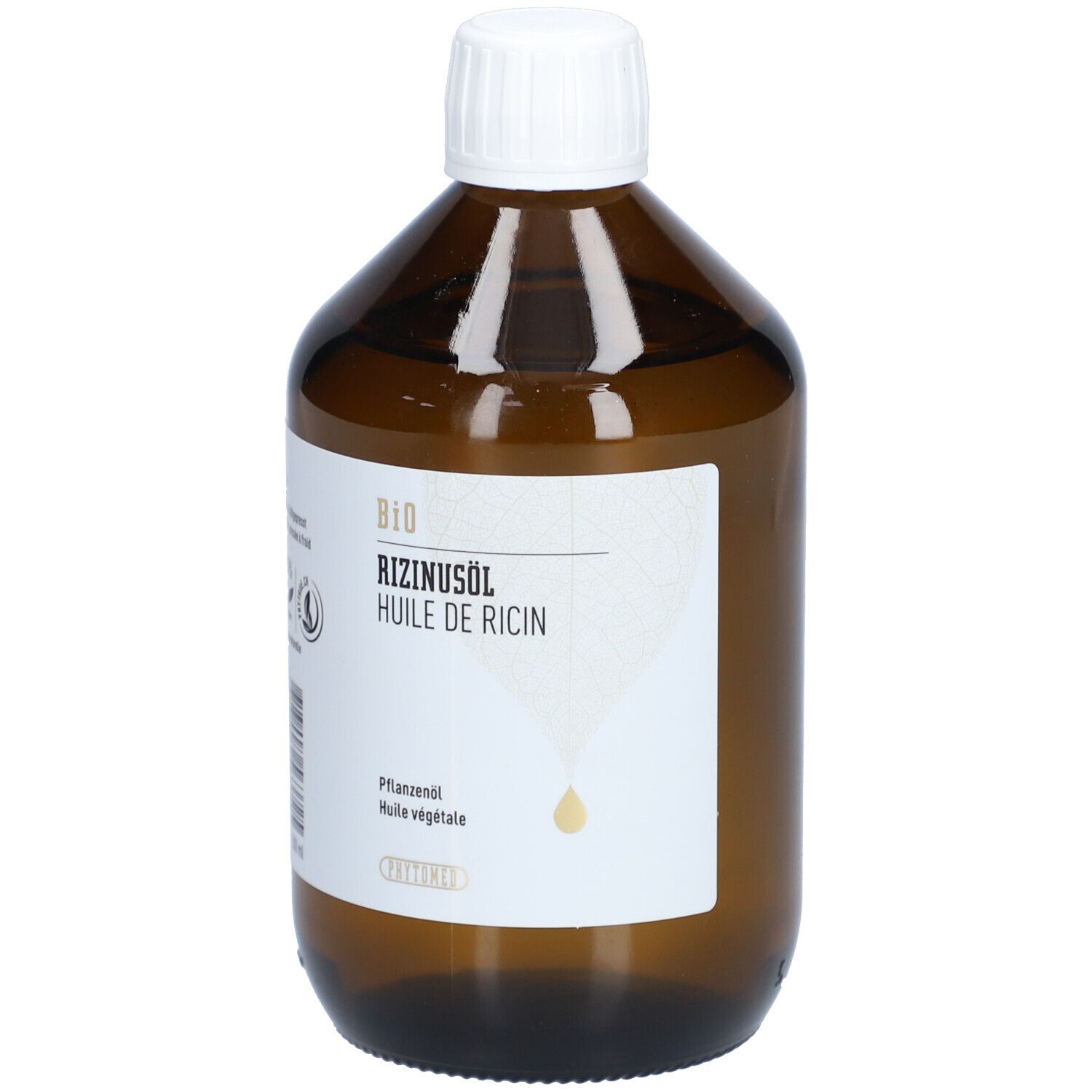 Bruine glazen fles met witte dop. Etiket met BIO Ricinusolie, Huile de Ricin. Druppelsymbool.