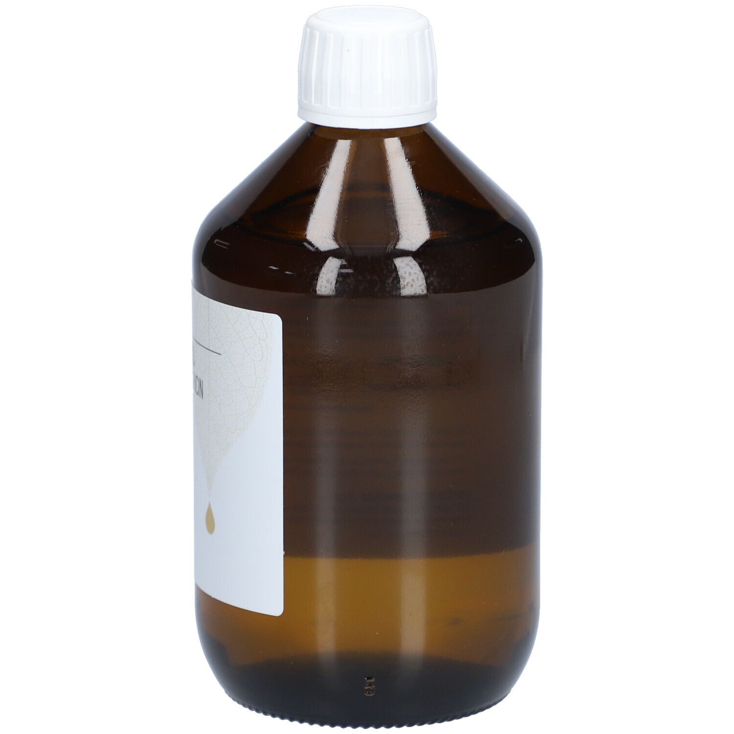Bruine glazen fles met witte dop. Etiket met druppelsymbool en tekst.