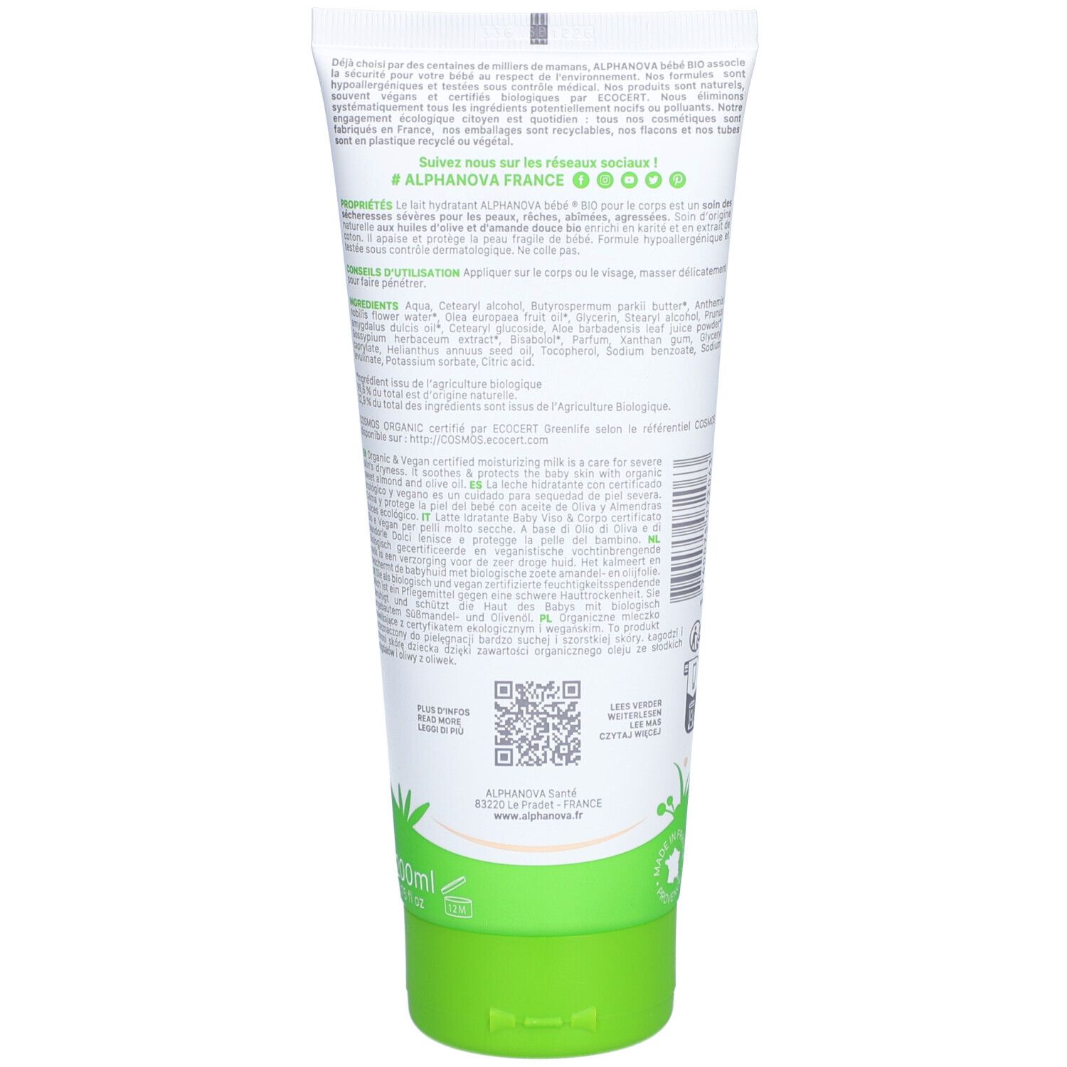 Achterkant van de tube. Tekst met ingrediënten en instructies. QR-code en logo's. Groene dop en onderkant van de tube.
