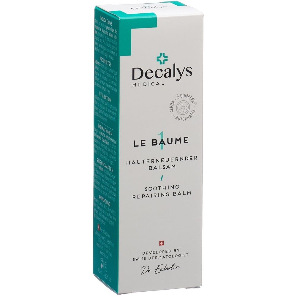 Boîte blanche avec logo « Decalys Medical » et texte « Le Baume ». Contient un baume régénérant pour la peau. Produit suisse.