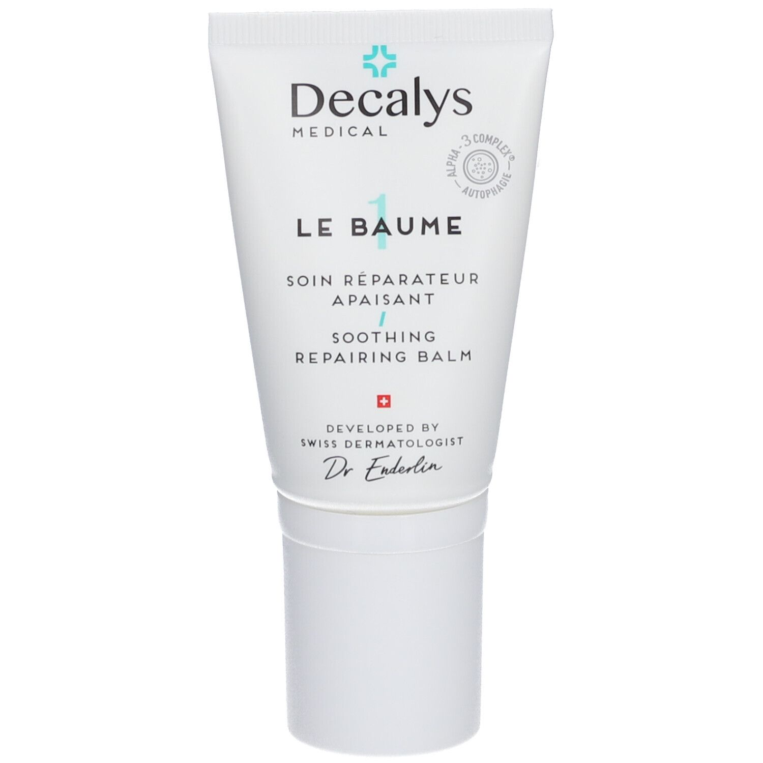 Tube blanc avec logo « Decalys Medical » et texte « Le Baume ». Contient un baume réparateur apaisant. Produit suisse.
