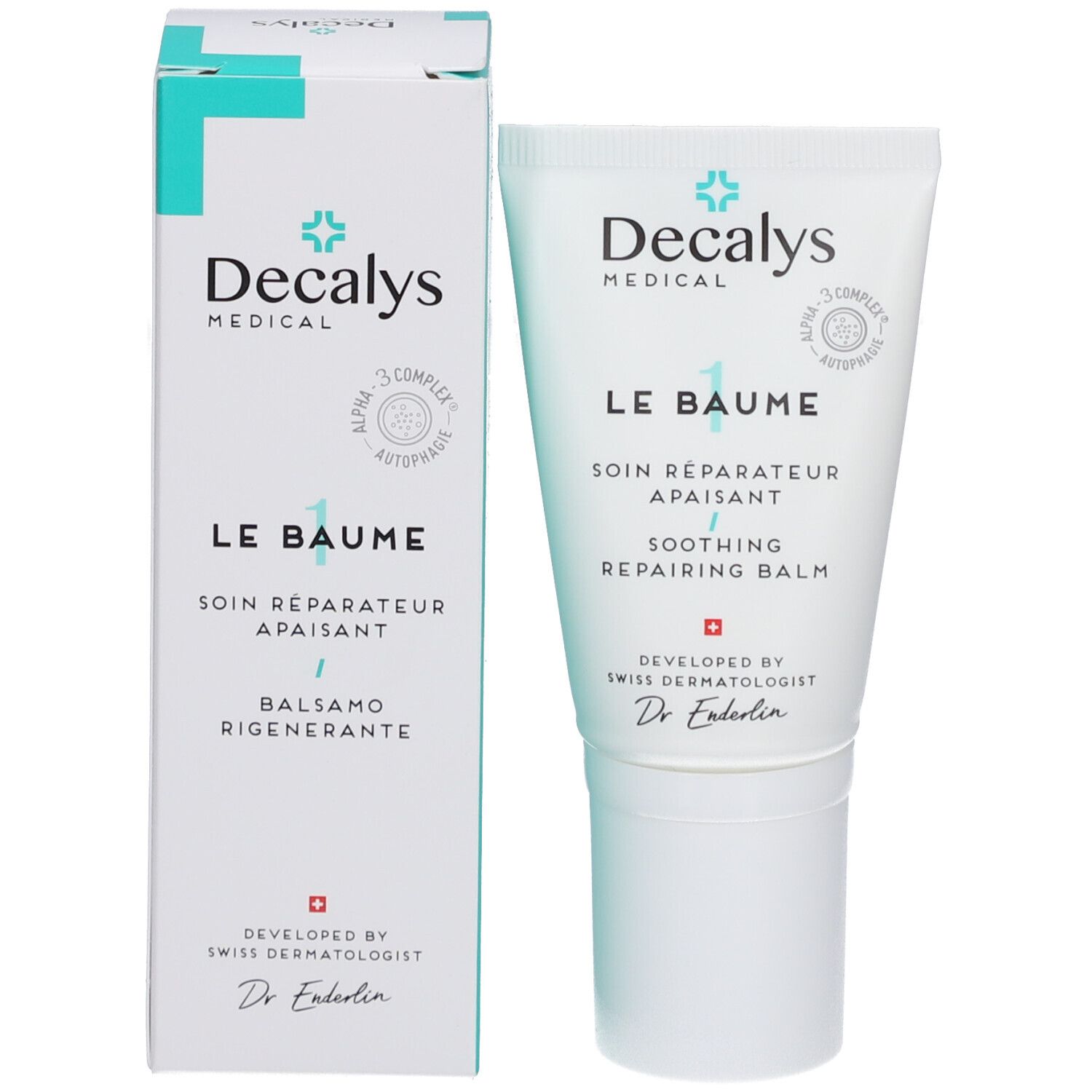Emballage du produit : tube et boîte avec logo « Decalys Medical » et texte « Le Baume ». Contient un baume régénérant.