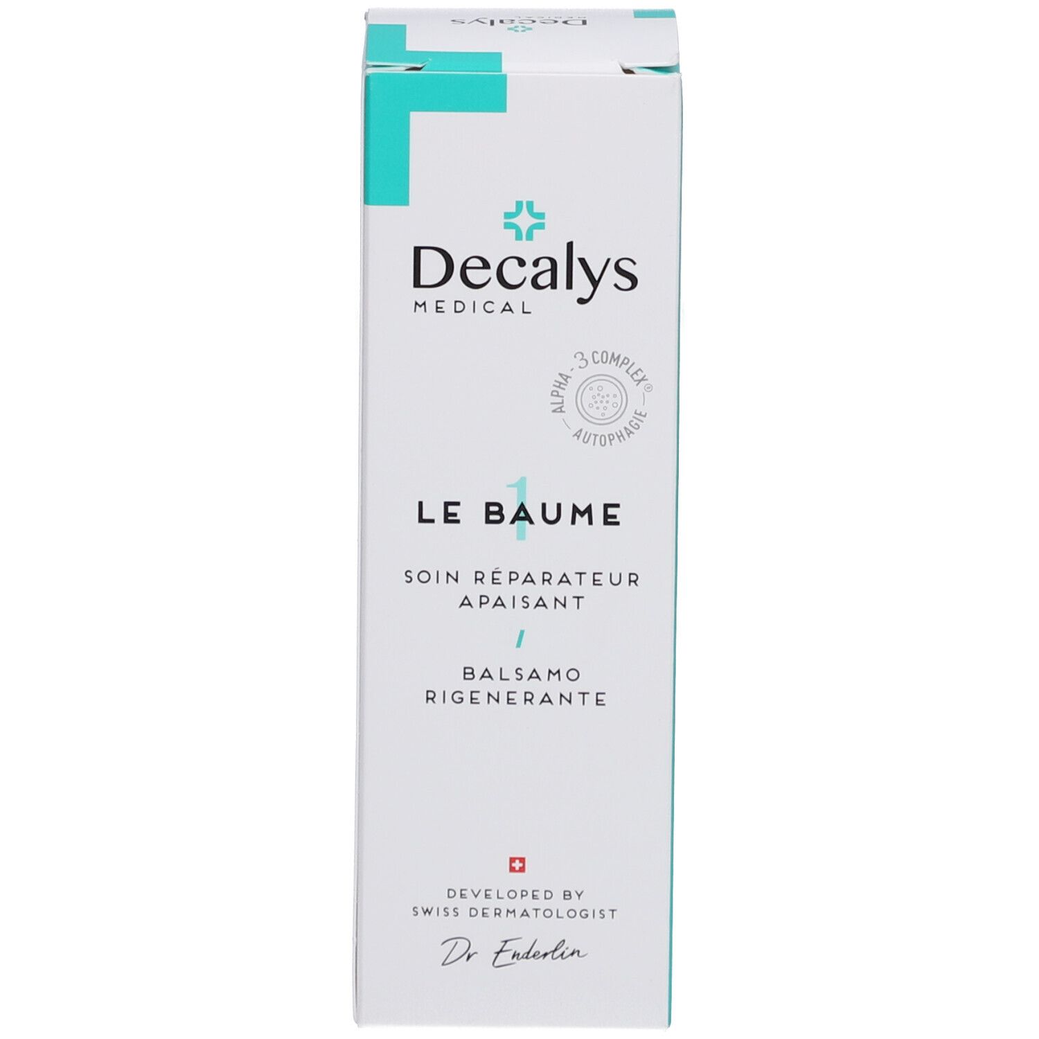Boîte avec logo « Decalys Medical » et texte « Le Baume ». Contient un baume régénérant pour la peau. Produit suisse.