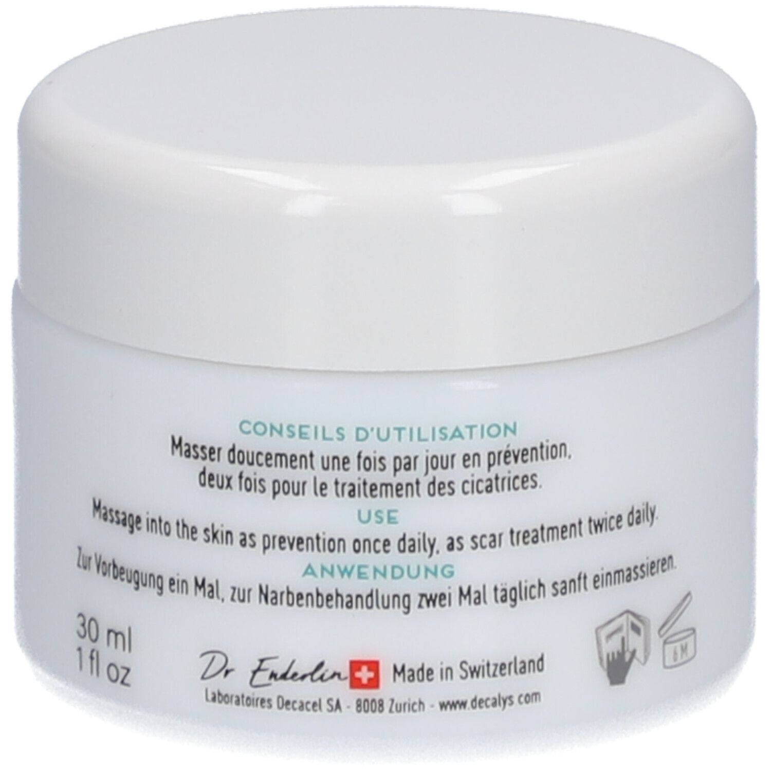 Witte pot met deksel. Opschrift: Decalys Medical, La Pommade, Alpha-3 Complex, Zwitsers kruis. Tekst.