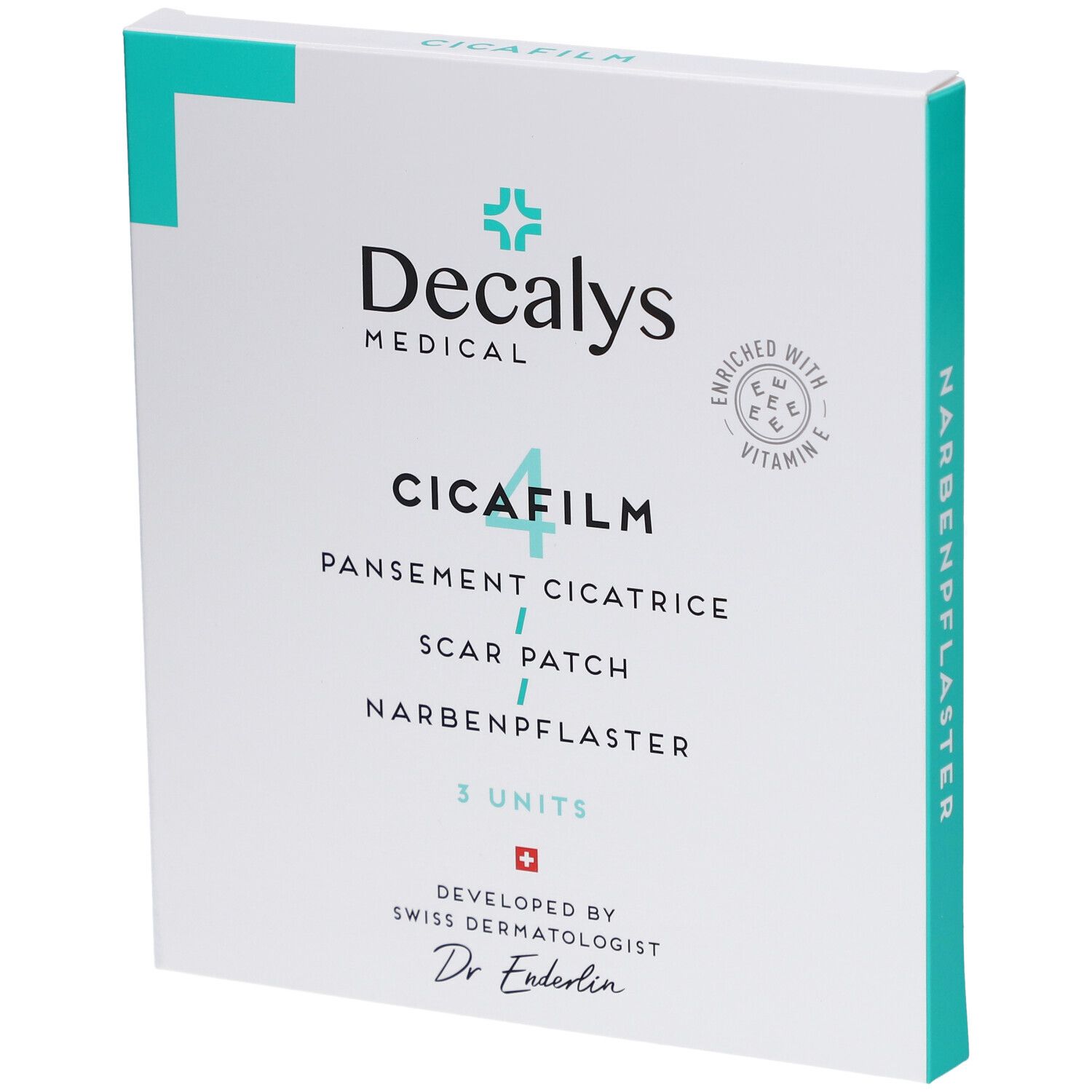 Boîte de Decalys Cicafilm. Contient 3 unités. Enrichi en vitamine E. Développé par le Dr. Enderlin.
