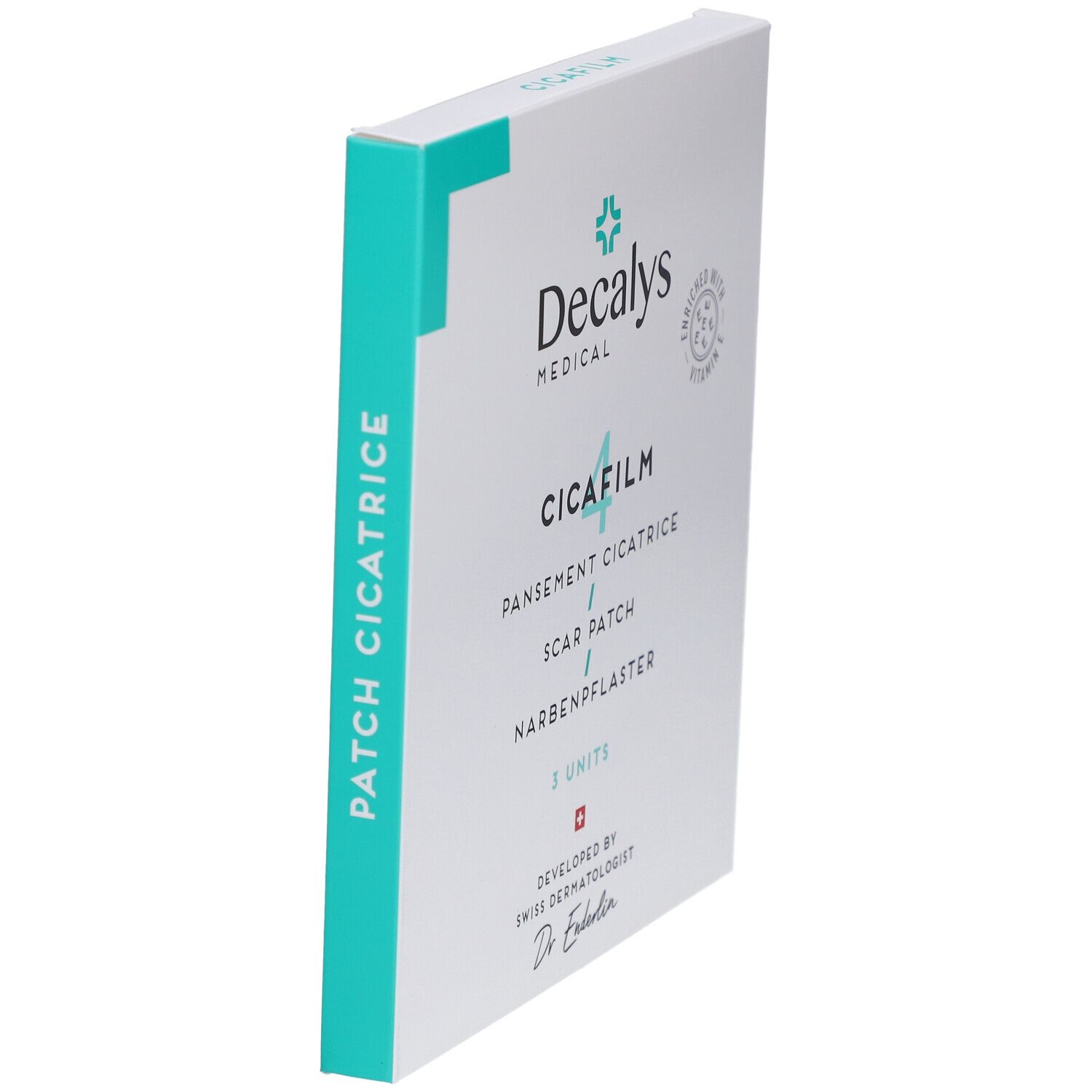 Vue en biais de la boîte Decalys Cicafilm. Contient 3 unités. Enrichi en vitamine E. Développé par le Dr. Enderlin.