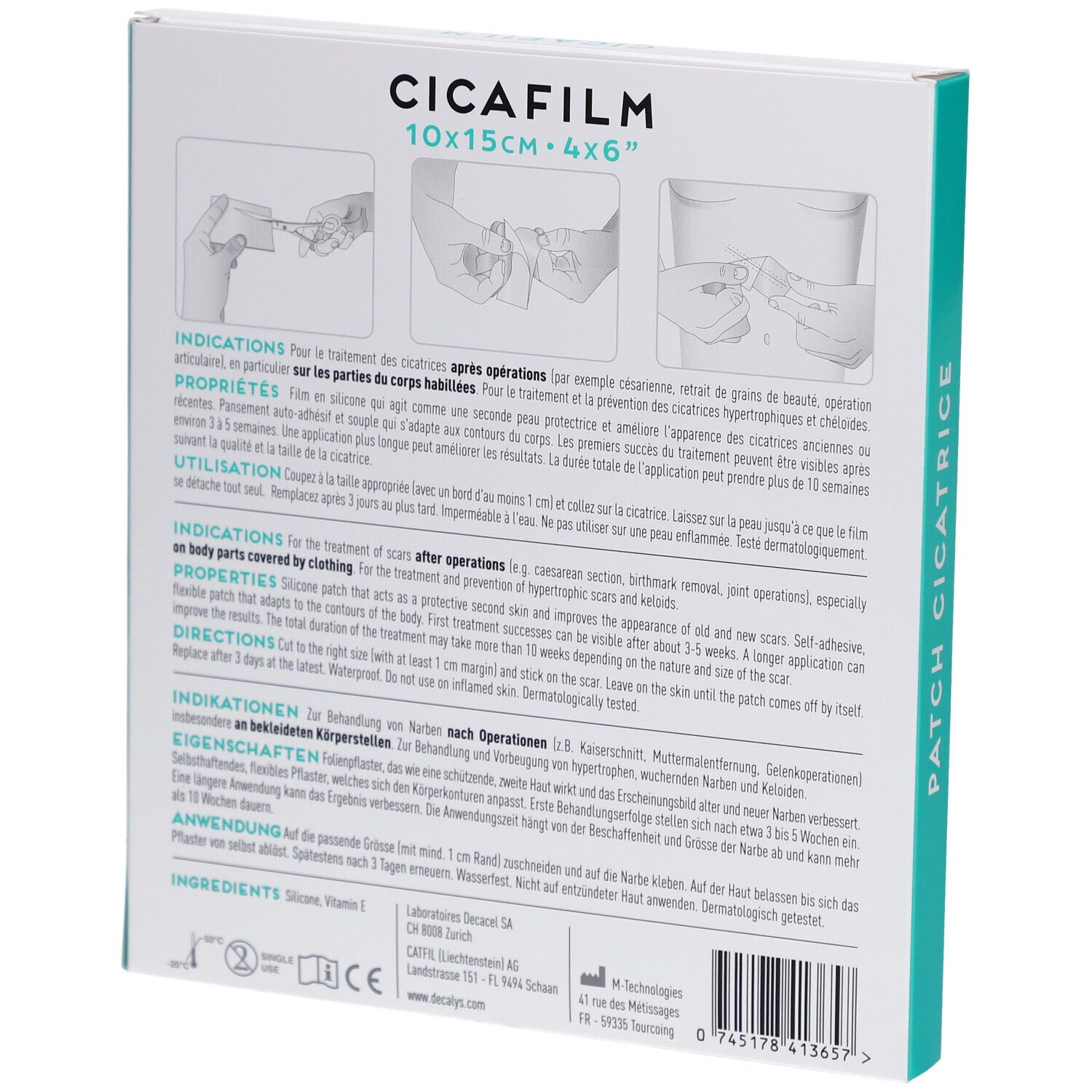 Dos de la boîte Decalys Cicafilm. Contient des informations sur les indications, les propriétés et l'utilisation.