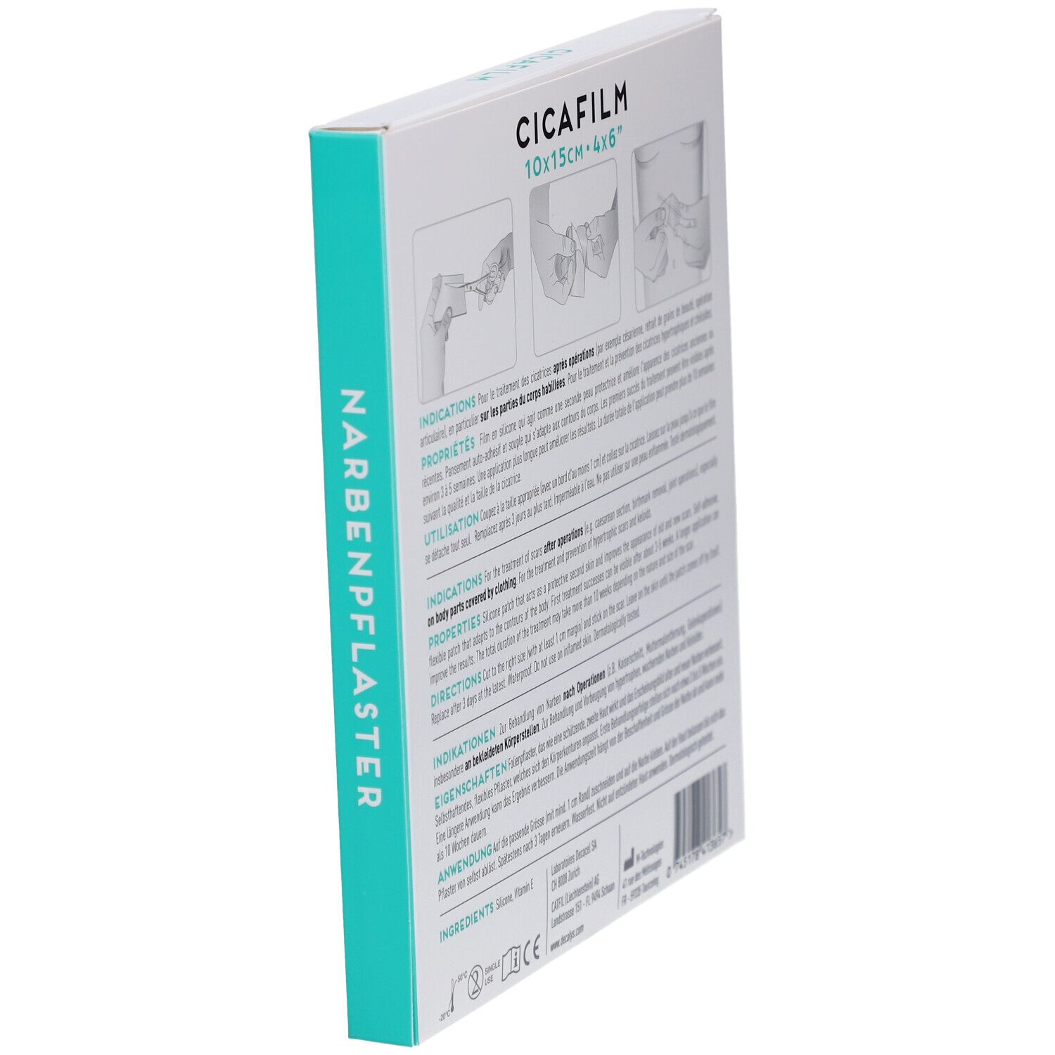 Vue en biais du dos de la boîte Decalys Cicafilm. Contient des informations sur les indications, les propriétés et l'utilisation.