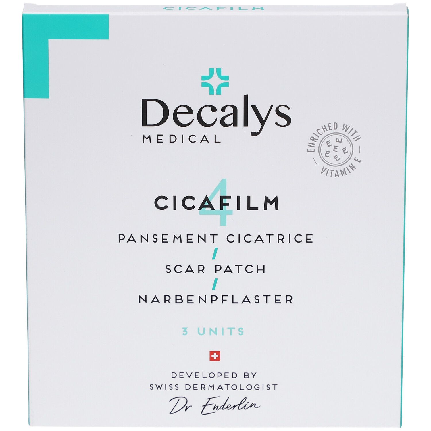 Vue de face de la boîte Decalys Cicafilm. Contient 3 unités. Enrichi en vitamine E. Développé par le Dr. Enderlin.