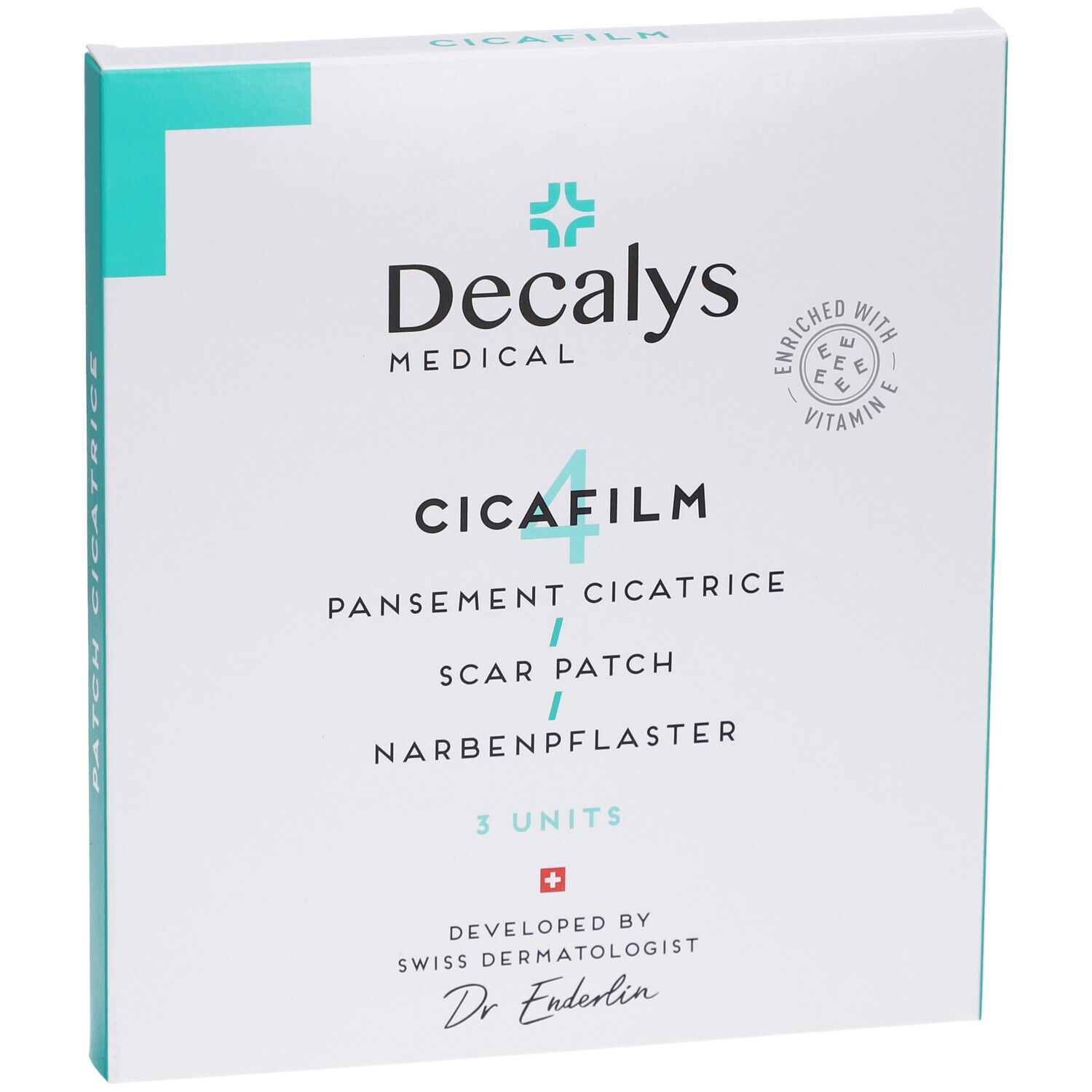 Vue de face de la boîte Decalys Cicafilm. Contient 3 unités. Enrichi en vitamine E. Développé par le Dr. Enderlin.