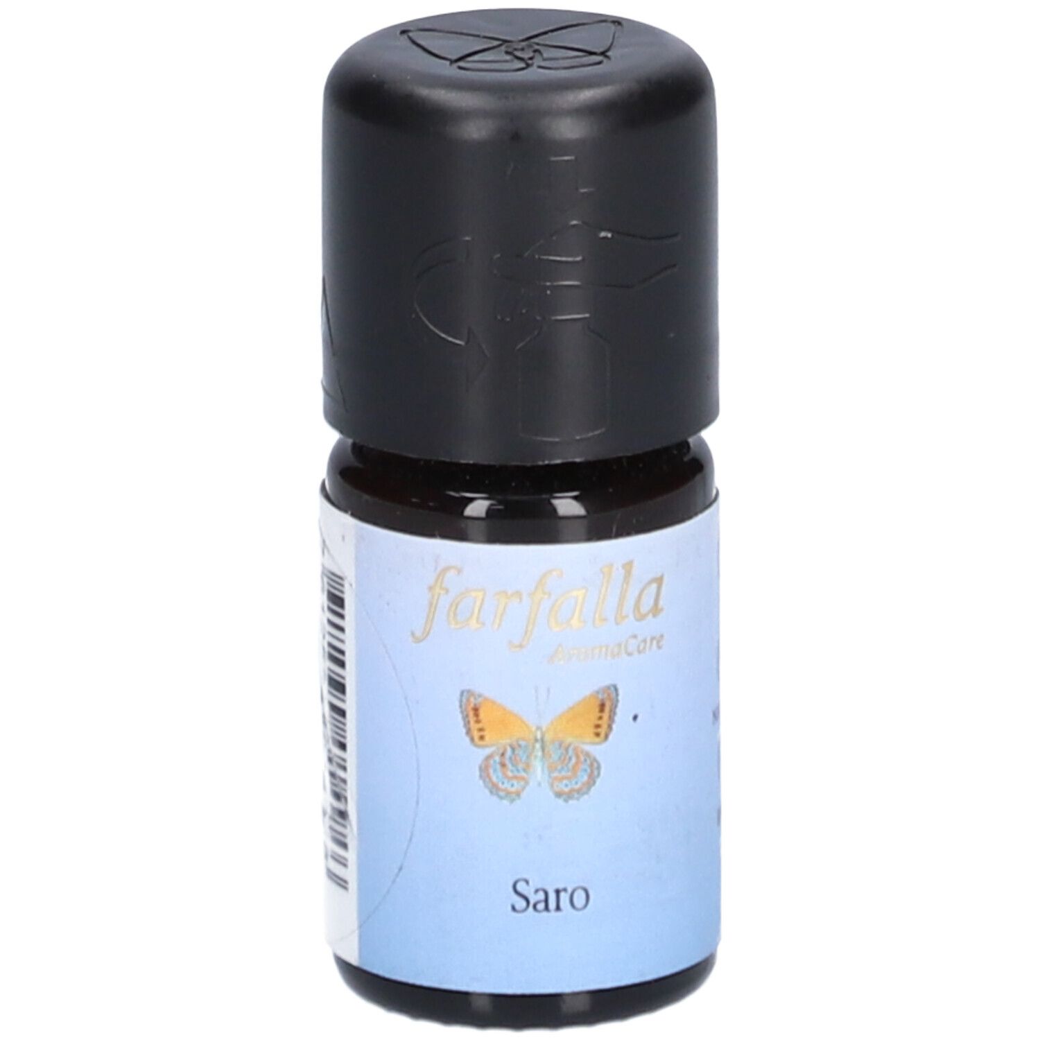 Bruine glazen fles met zwarte dop. Etiket met "farfalla AromaCare", vlinder en "Saro".