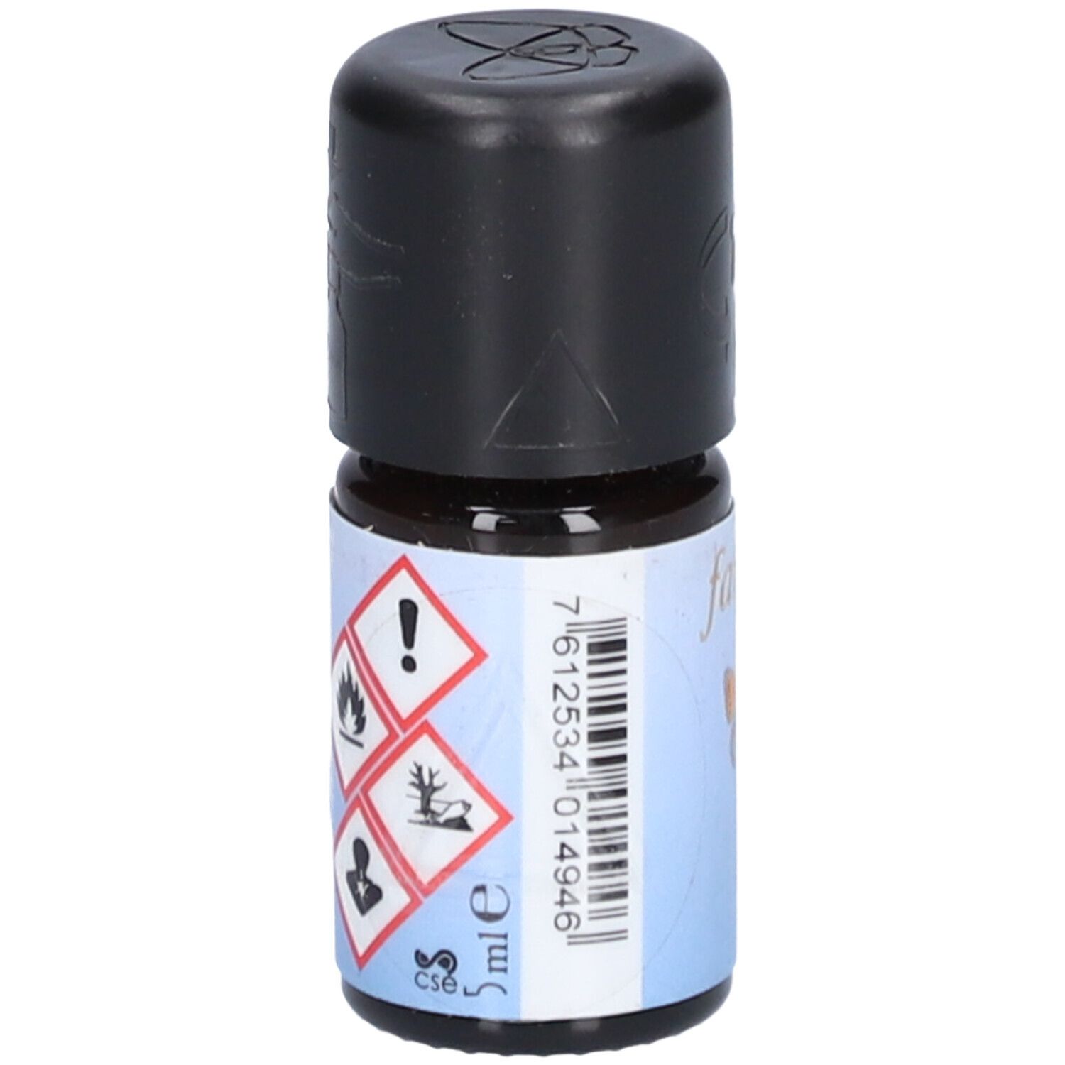 Bruine glazen fles met zwarte dop. Etiket met gevaarsymbolen, barcode en "5 ml".