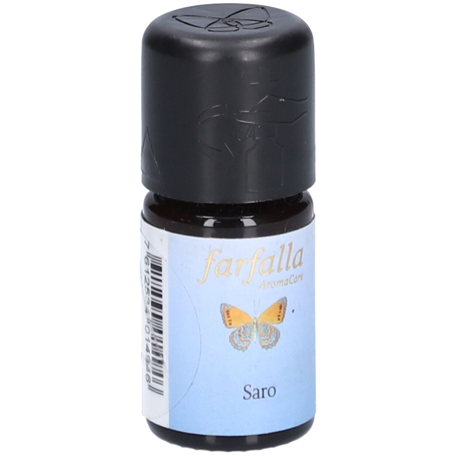Bruine glazen fles met zwarte dop. Etiket met "farfalla AromaCare", vlinder en "Saro".