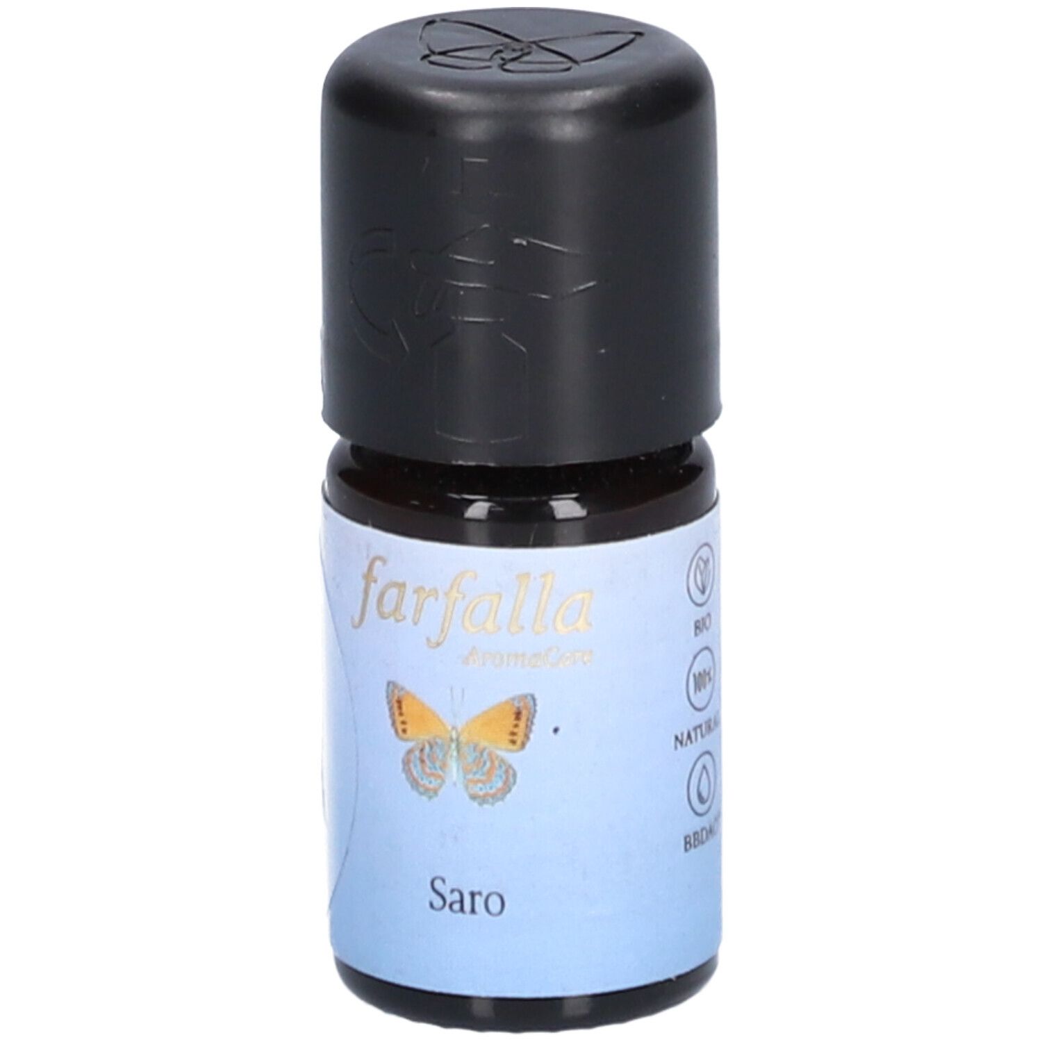 Bruine glazen fles met zwarte dop. Etiket met "farfalla AromaCare", vlinder en "Saro".