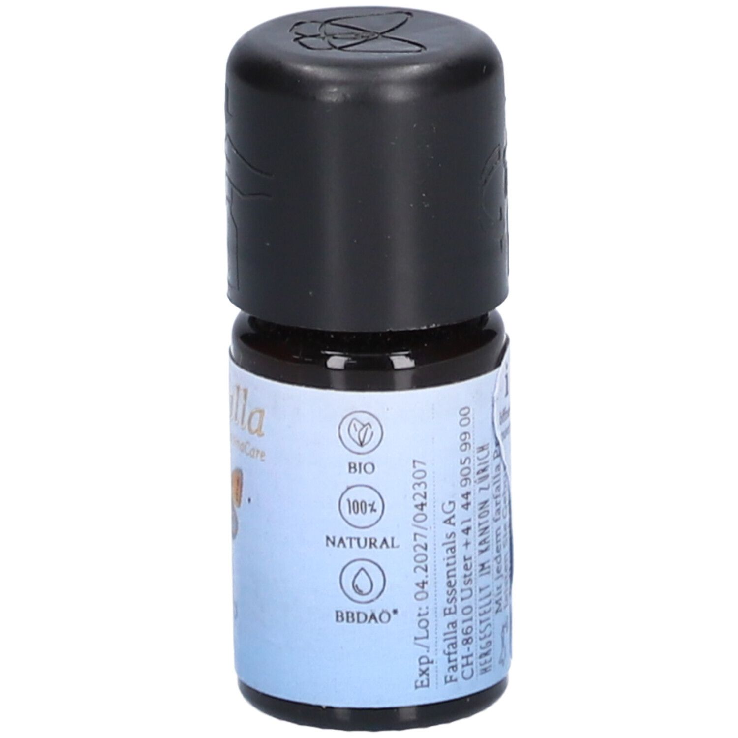 Bruine glazen fles met zwarte dop. Etiket met "farfalla AromaCare", bio-label en tekst.