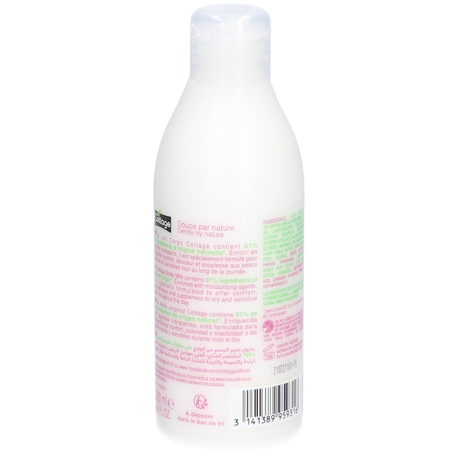 Witte fles met tekst en ingrediënten. "Lait Corps Body Moisturizer". Bevat 97% ingrediënten van natuurlijke oorsprong.