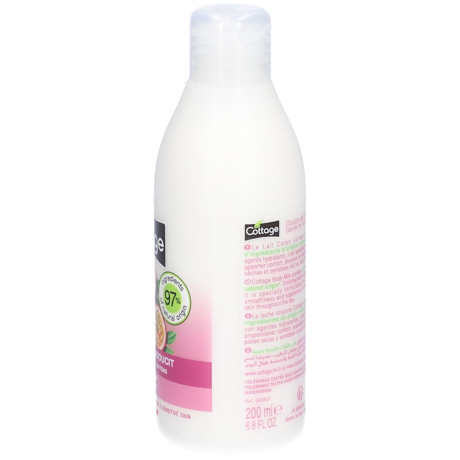 Witte fles met "Cottage" logo en tekst. "Lait Corps Body Moisturizer". Bevat 97% ingrediënten van natuurlijke oorsprong. 200 ml.