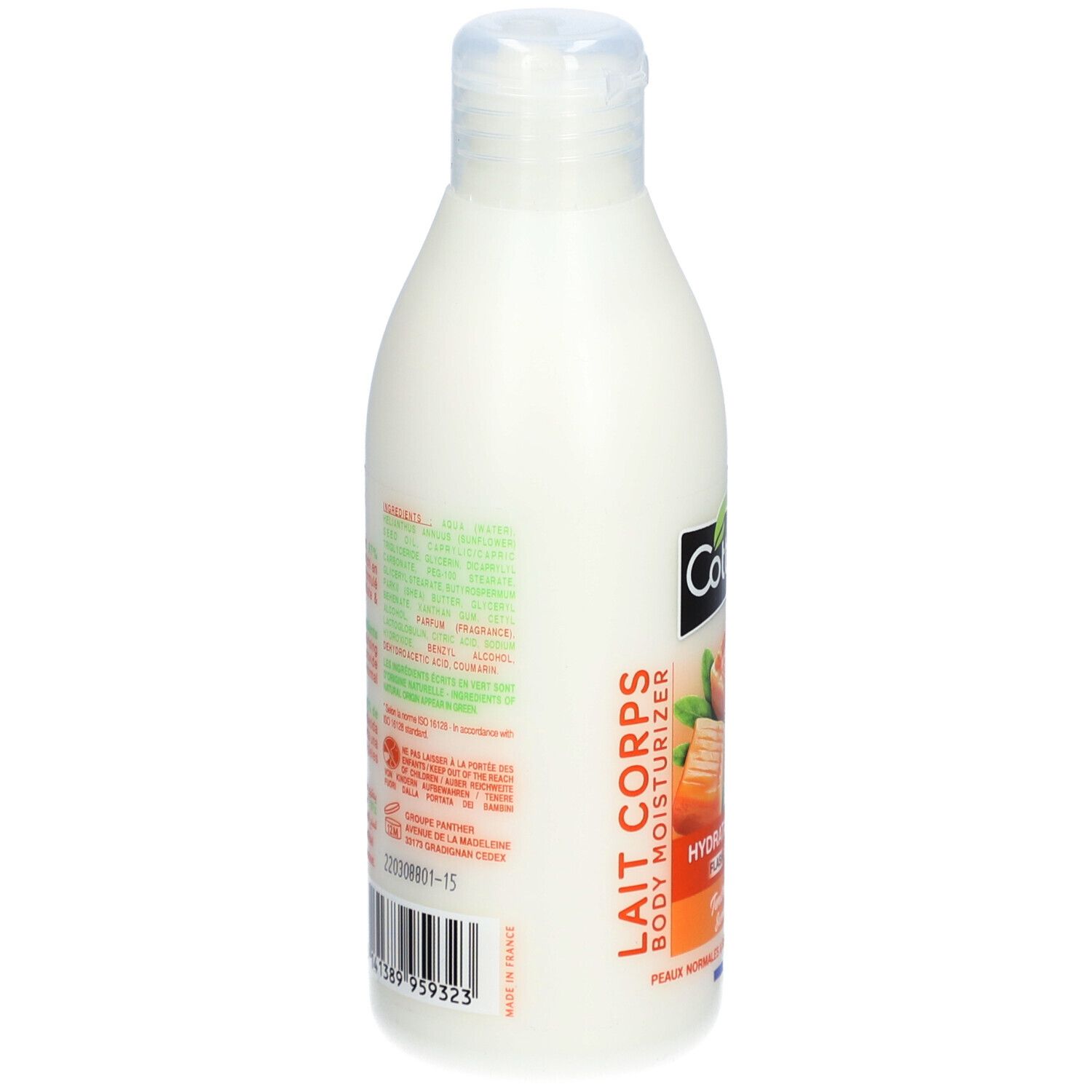 Achterkant van de bodylotionfles. Meertalige tekst. Streepjescode en indicatie: Made in France.