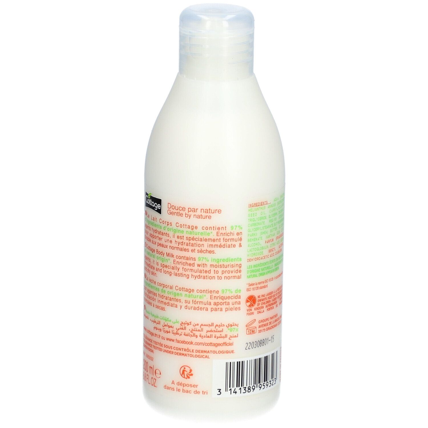 Achterkant van de bodylotionfles. Meertalige tekst. Logo en productinformatie.