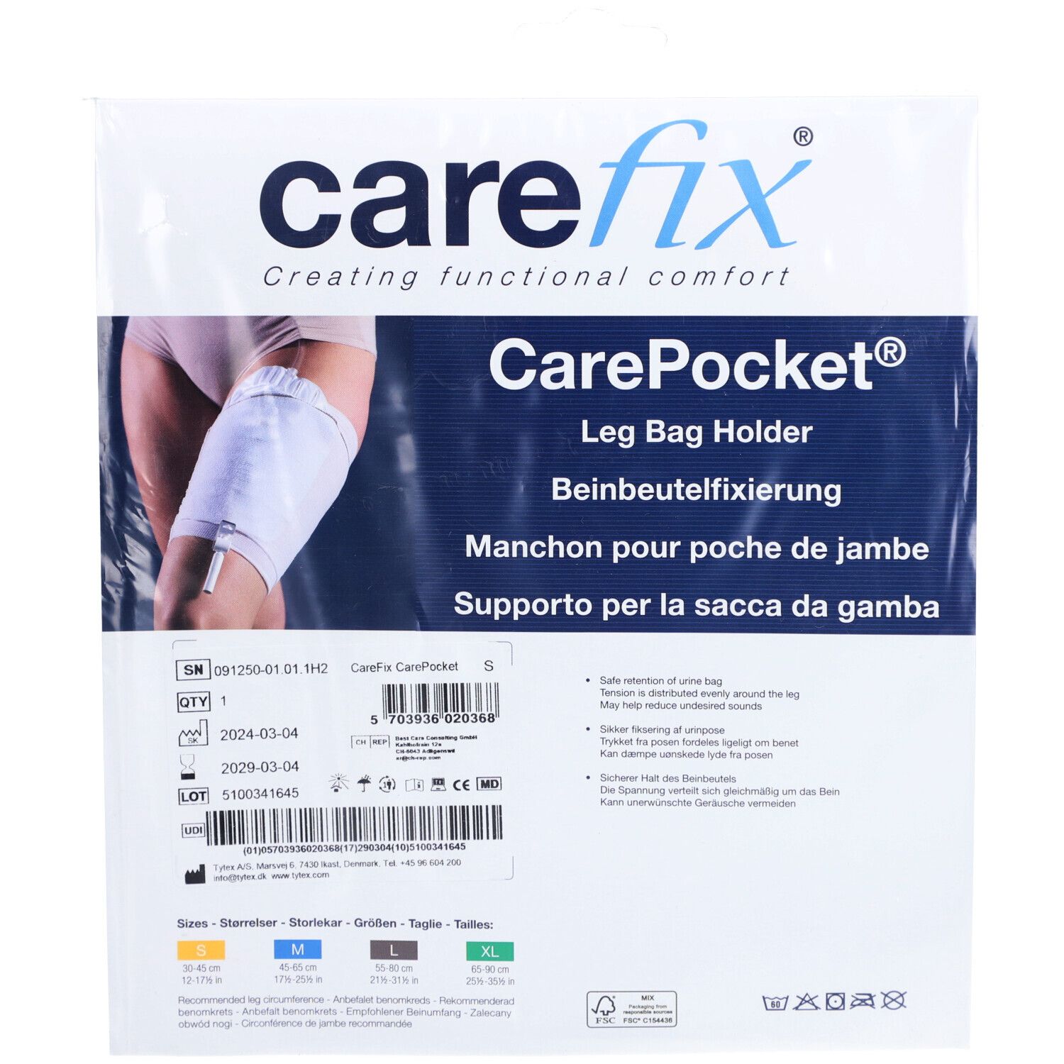Verpakking CAREFIX CarePocket beenzakhouder. Maten S, M, L, XL. Product op been afgebeeld. Tekst: Carefix, CarePocket, beenzakhouder.