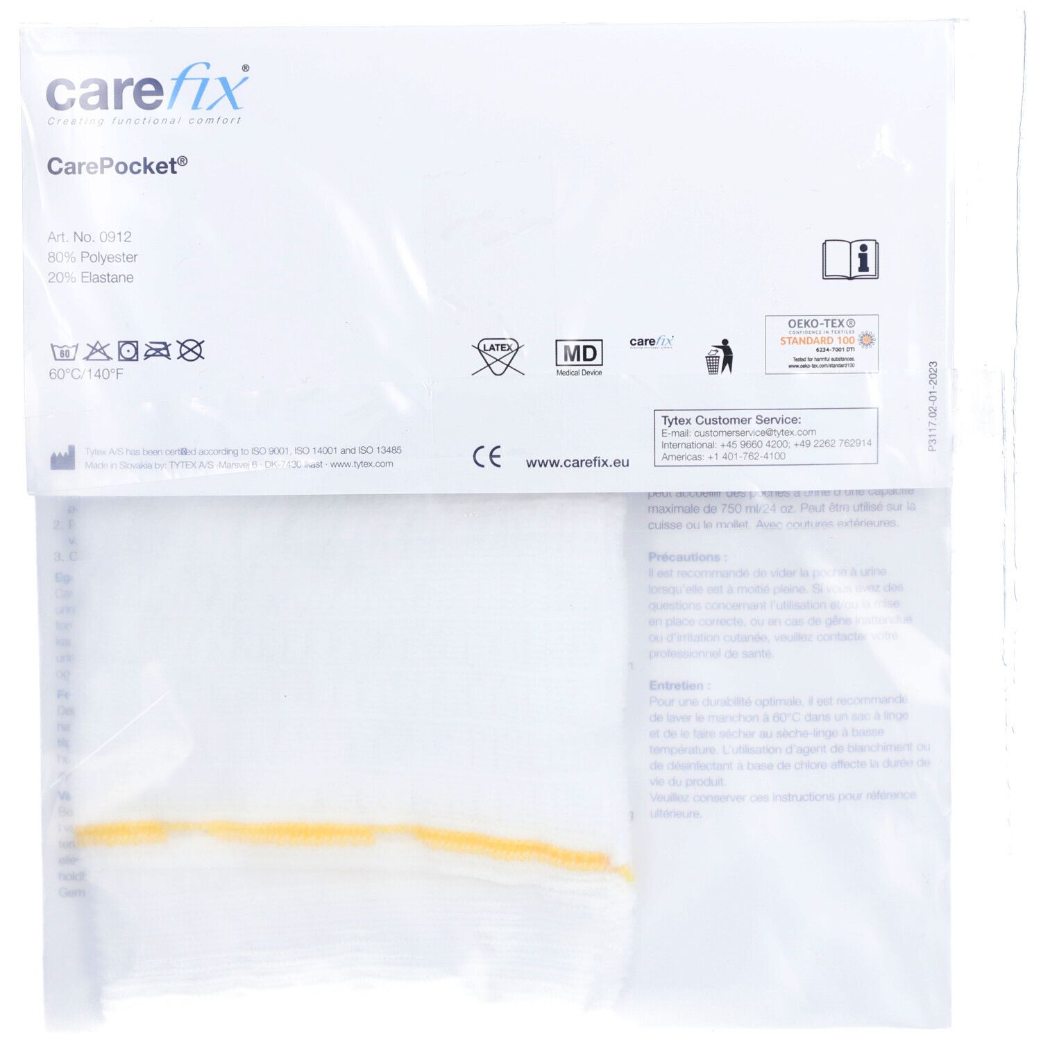 Achterkant verpakking CAREFIX CarePocket. Materiaal: 80% polyester, 20% elastaan. Wasvoorschriften. Tekst: Carefix, MD, latexvrij, CE-markering.