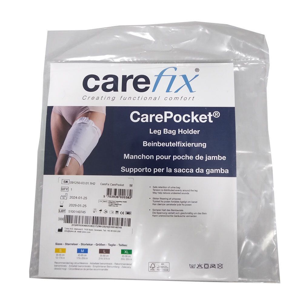 Emballage CAREFIX CarePocket. Support pour poche de jambe. Informations produit, tailles, code-barres et logo.