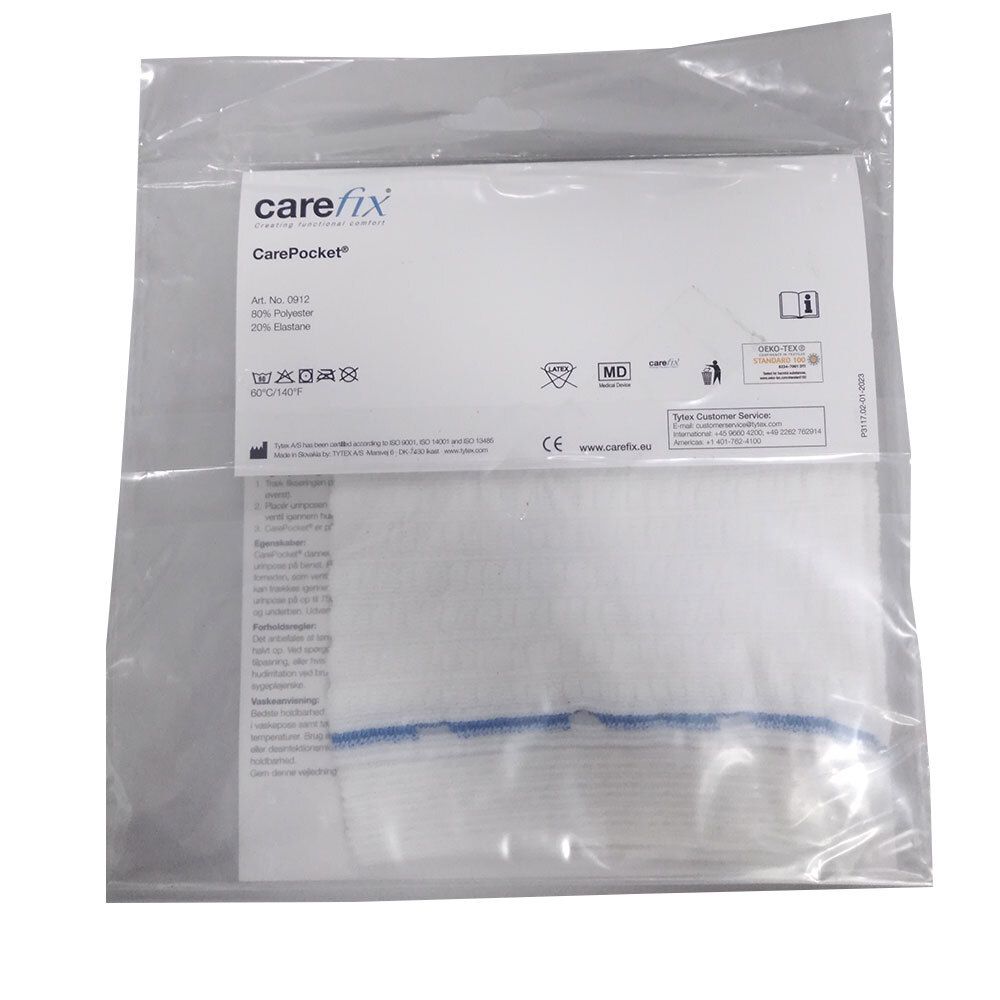 CAREFIX CarePocket, support pour poche de jambe, produit blanc en sachet plastique. Couture bleue visible.