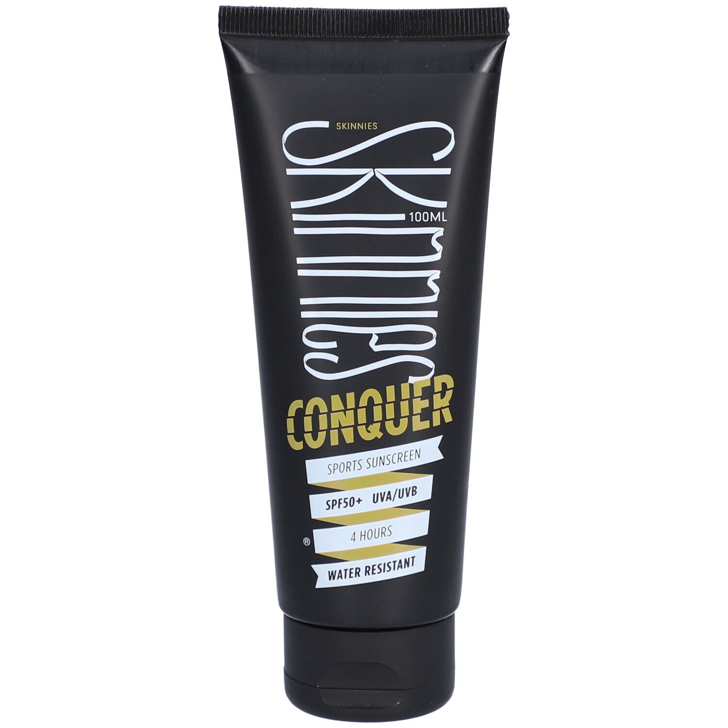 Tube noire avec texte blanc et doré. Contient "Skinnies Conquer" et "SPF50+".