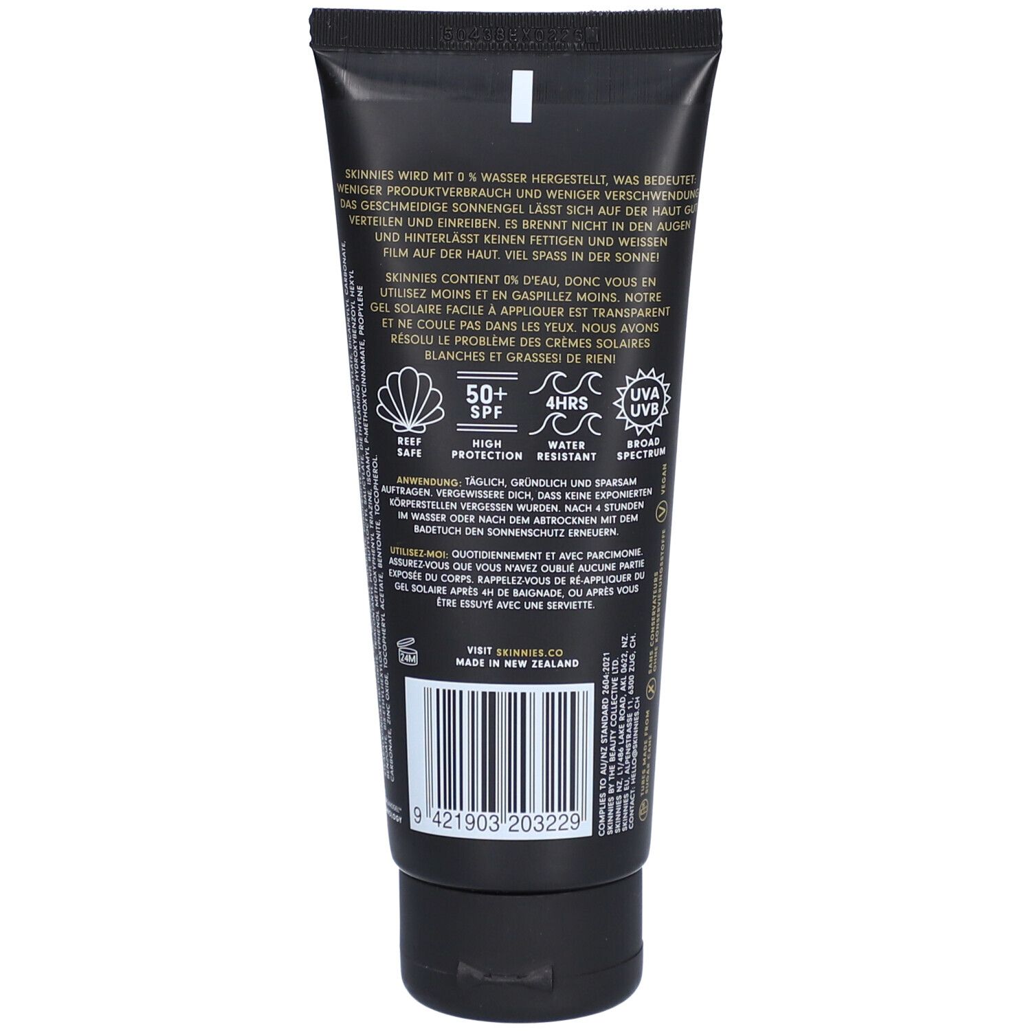 Dos du tube noir. Contient du texte, des symboles SPF et résistance à l'eau.