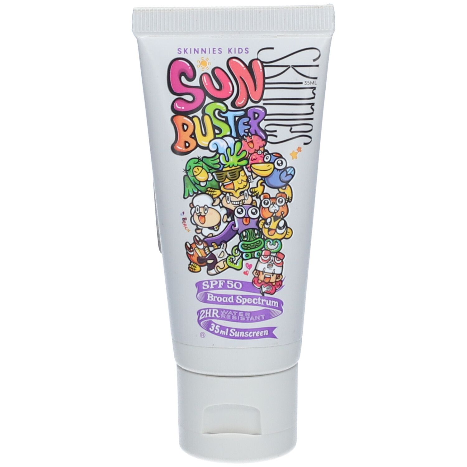 Tube de crème solaire avec impression. Contient SPF 50. Illustrations colorées avec l'inscription SUN BUSTER.