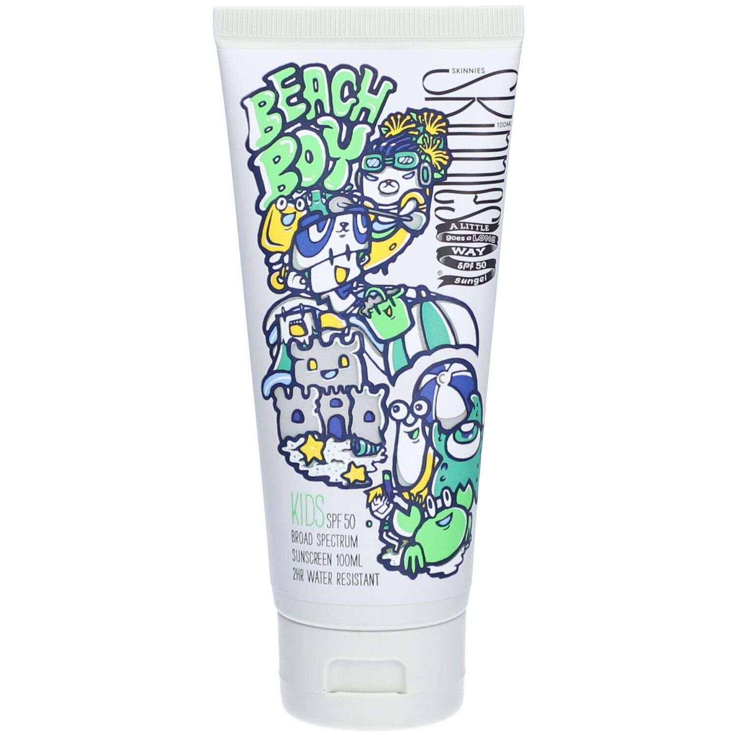 Witte tube met "Beach Boy" illustraties en SPF 50. Tekst: "KIDS", "Broad Spectrum Sunscreen 100ml". 
