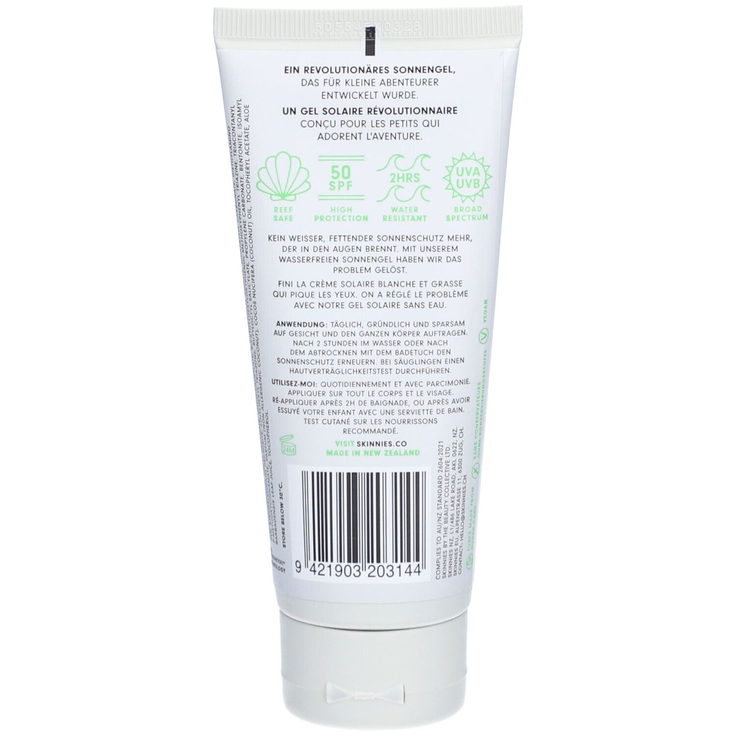 Achterkant van de tube. Tekst: "UN GEL SOLAIRE RÉVOLUTIONNAIRE". Bevat informatie over SPF 50 en UVA-bescherming.