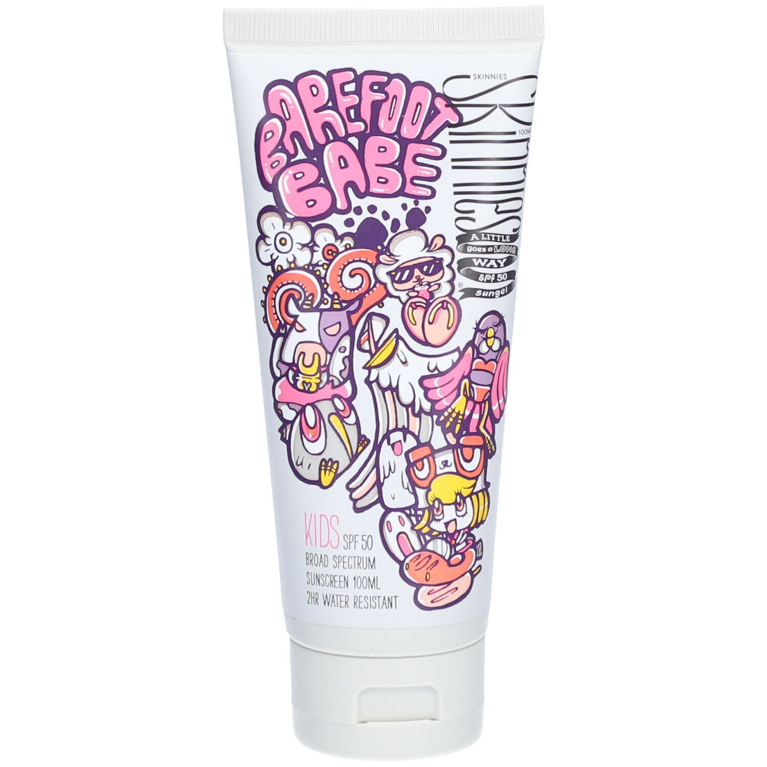 Tube blanche avec impression rose. "Barefoot Babe" et illustrations. Texte "Kids SPF 50". Logo SKINNIES.