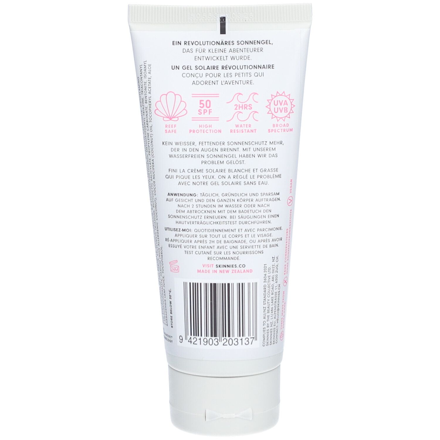 Dos du tube. Texte en allemand et français. SPF 50, 2HRS, protection UVA/UVB. Code-barres et logo.