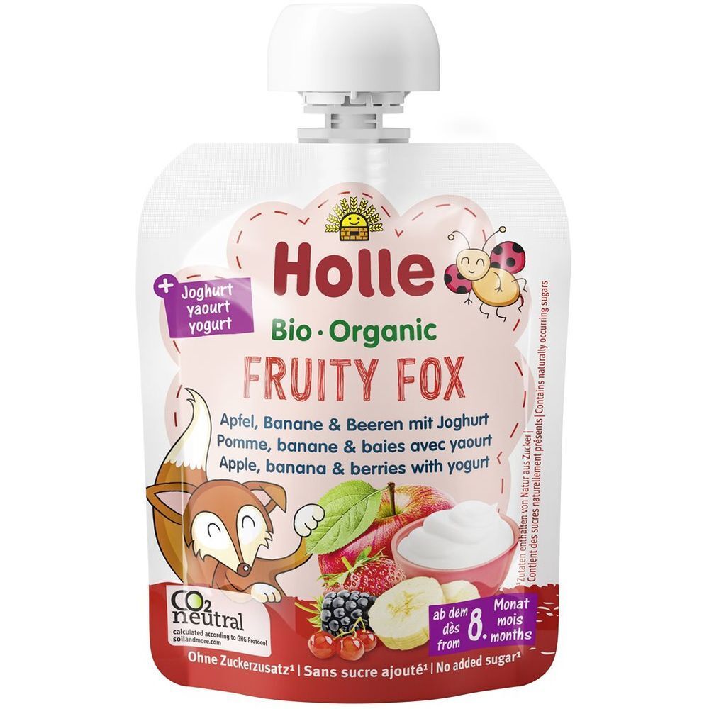 Sachet de purée de fruits bio Holle Fruity Fox avec yaourt. Contient pomme, banane et baies. Logo, illustration et texte.