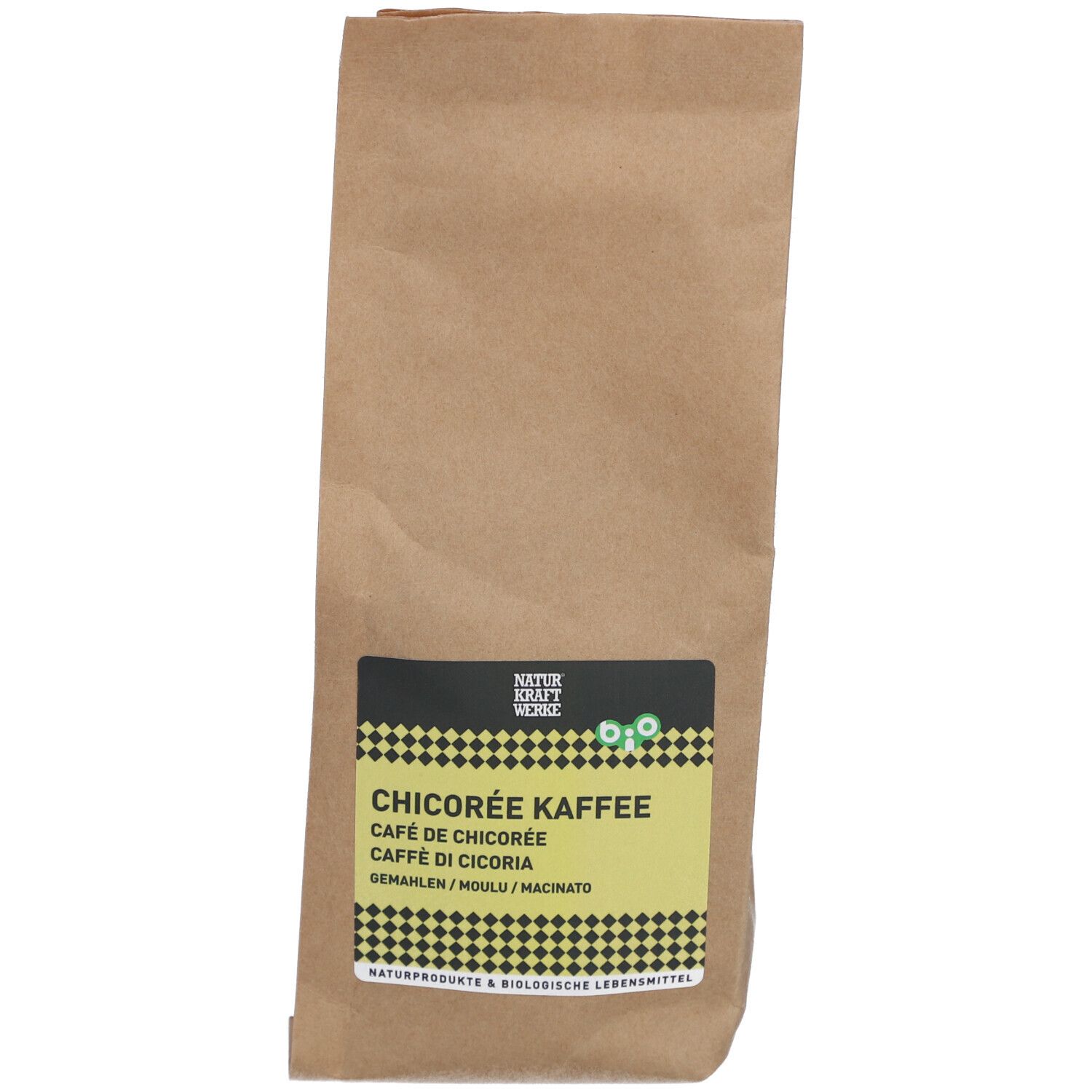 Sac en papier brun avec étiquette jaune. Inscription : Chicorée Kaffee, Naturkraftwerke. Café de chicorée.
