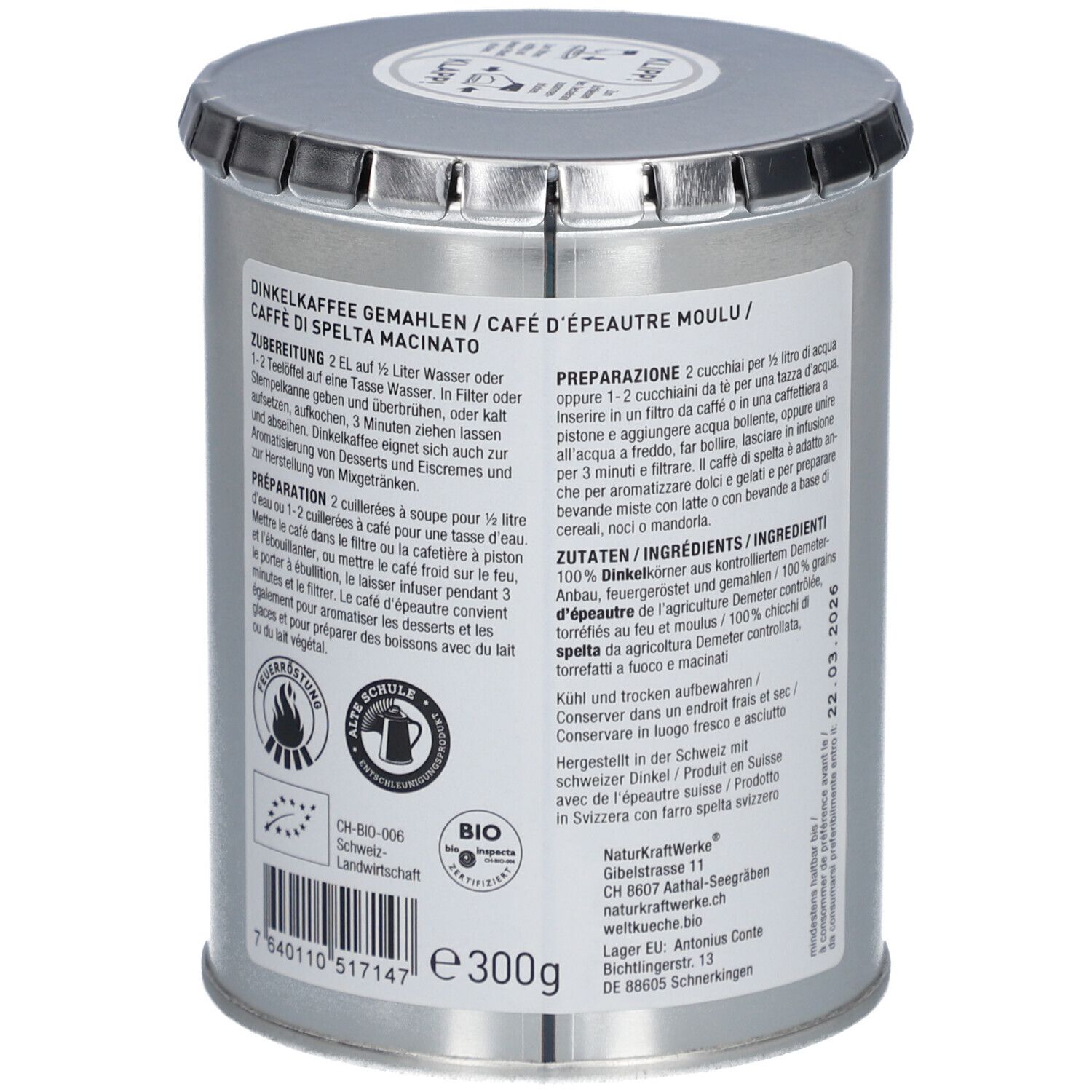 Dessus d'une boîte métallique de café d'épeautre, avec instructions et labels bio.
