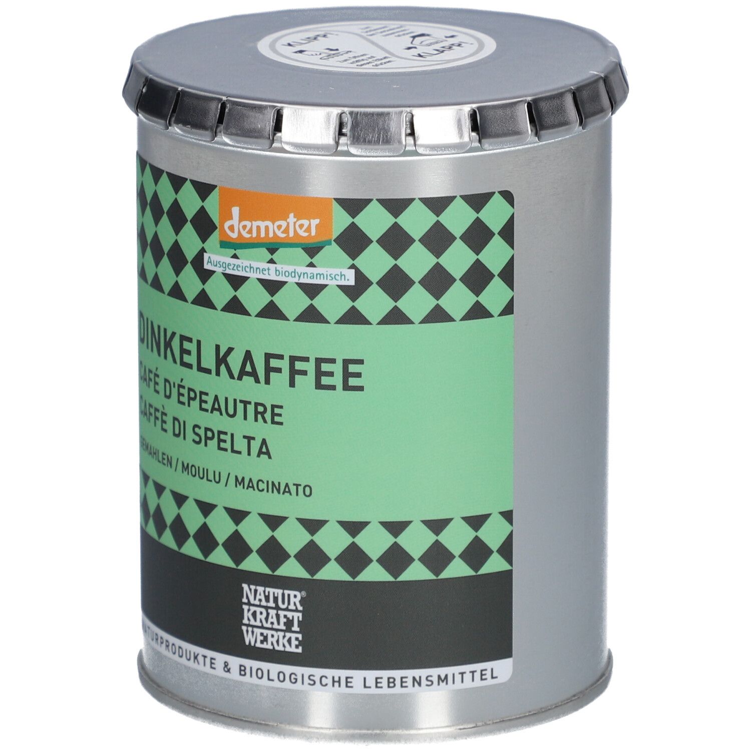 Boîte métallique de café d'épeautre, certifiée Demeter, avec motif à carreaux verts.
