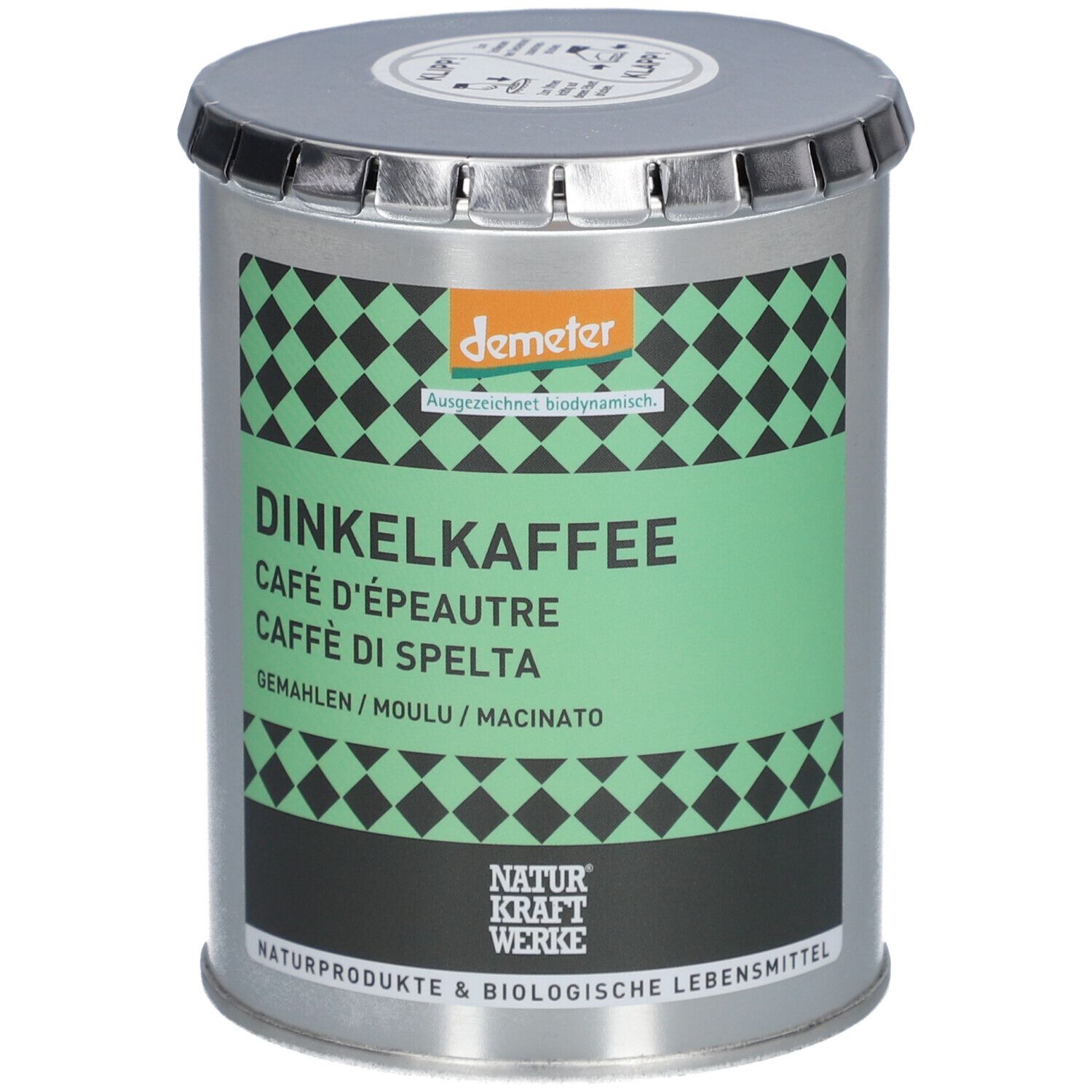 Avant d'une boîte métallique de café d'épeautre, certifiée Demeter, avec étiquette.