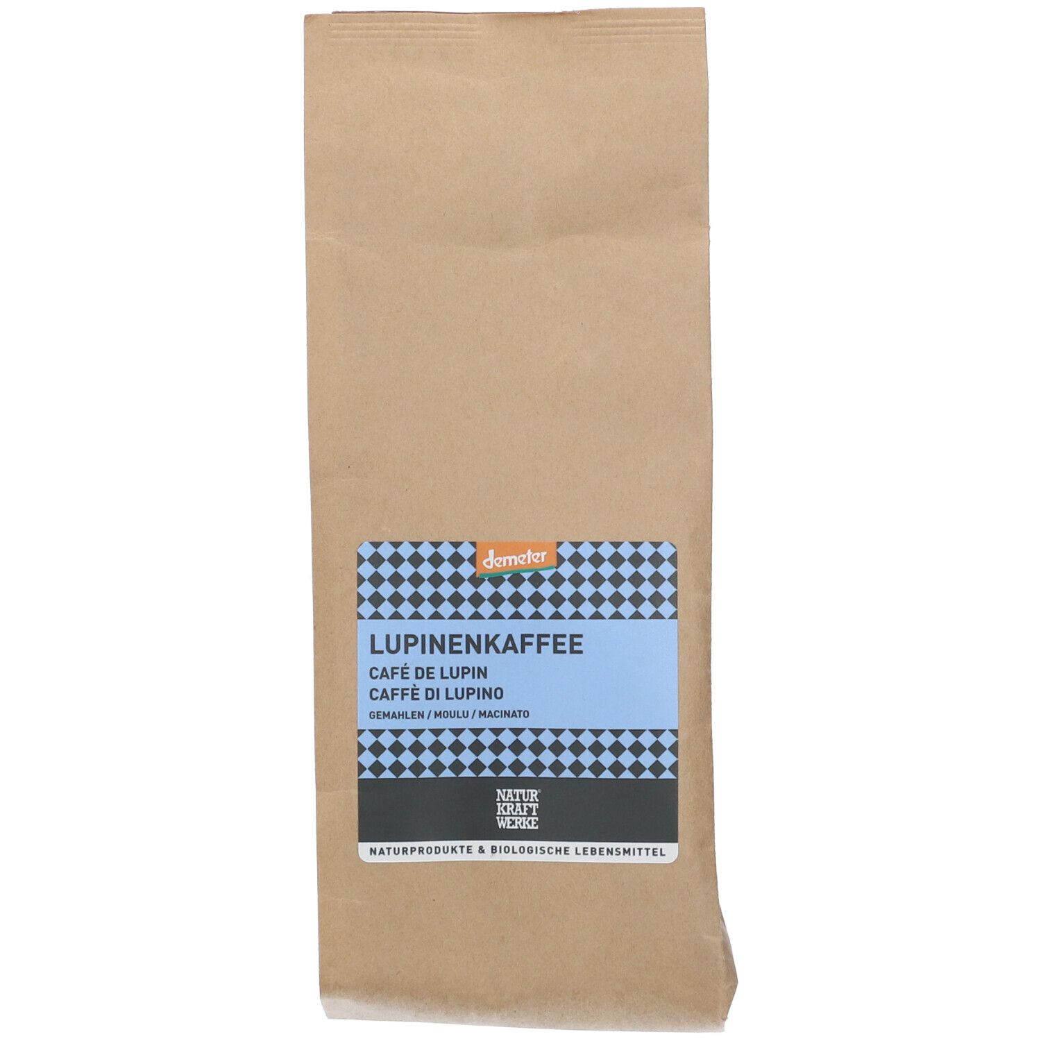 Bruine papieren zak met blauw etiket. Opschrift: Lupinenkaffee, Demeter. Natuurlijke producten & biologische voeding.